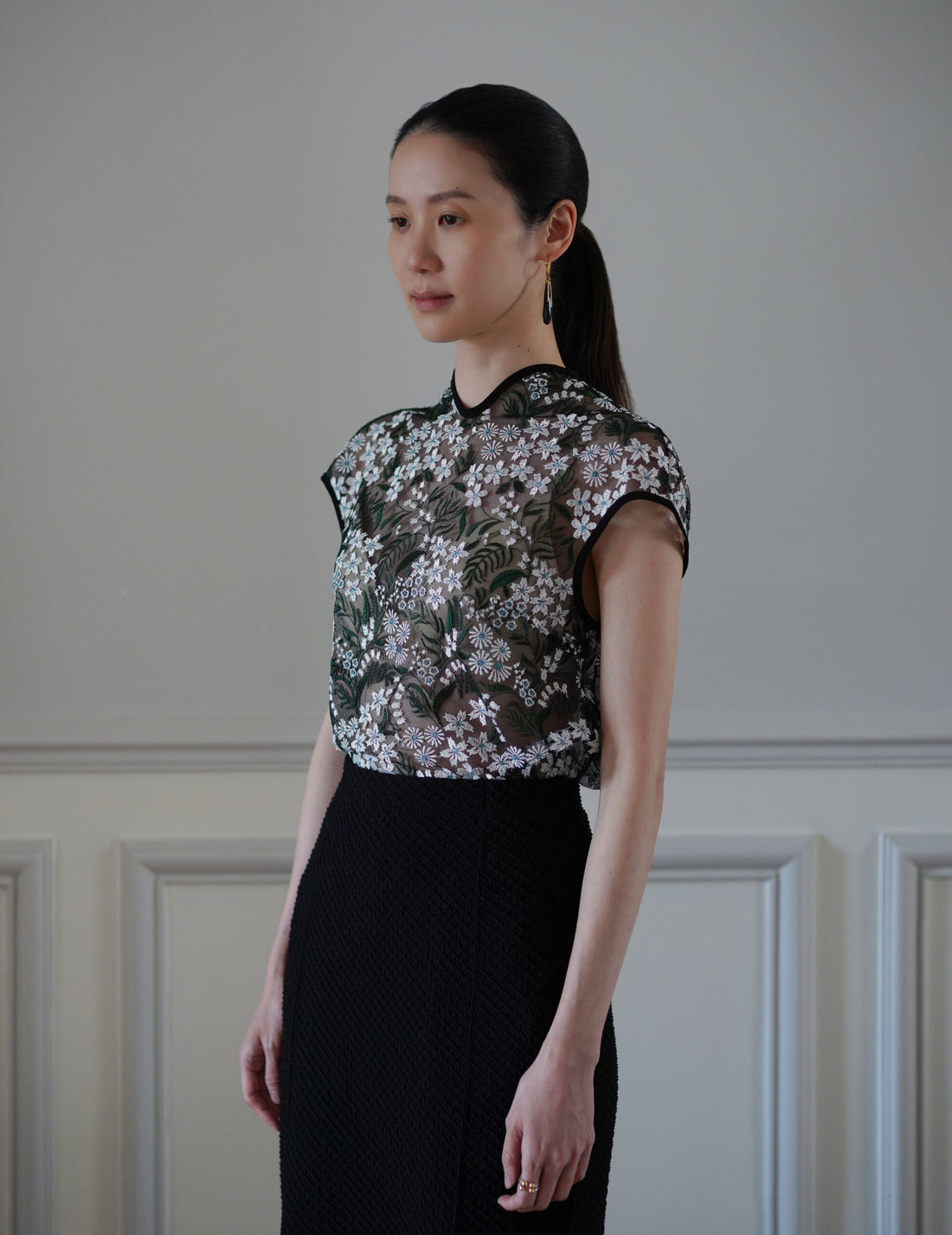Mame Kurogouchi | Floral Lace French Sleeve Top - Green
