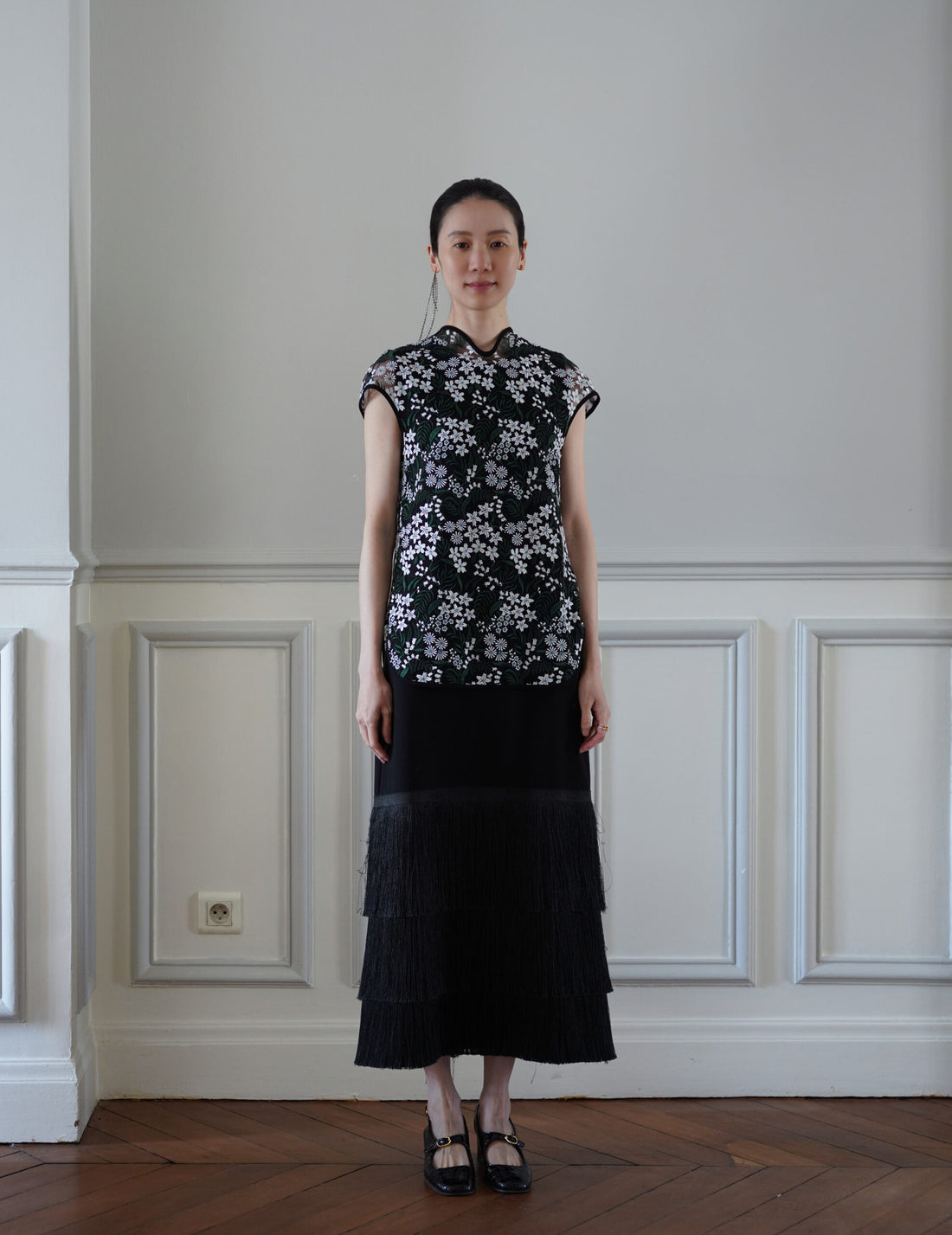 Mame Kurogouchi | Floral Lace French Sleeve Top - Green