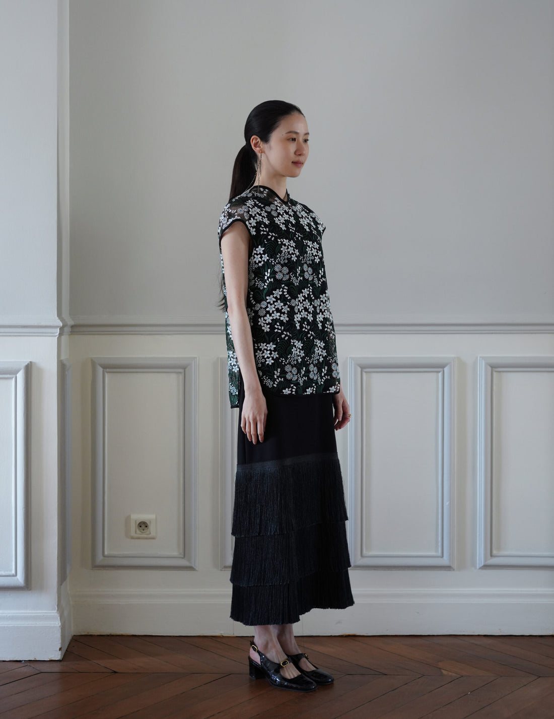 Mame Kurogouchi | Floral Lace French Sleeve Top - Green