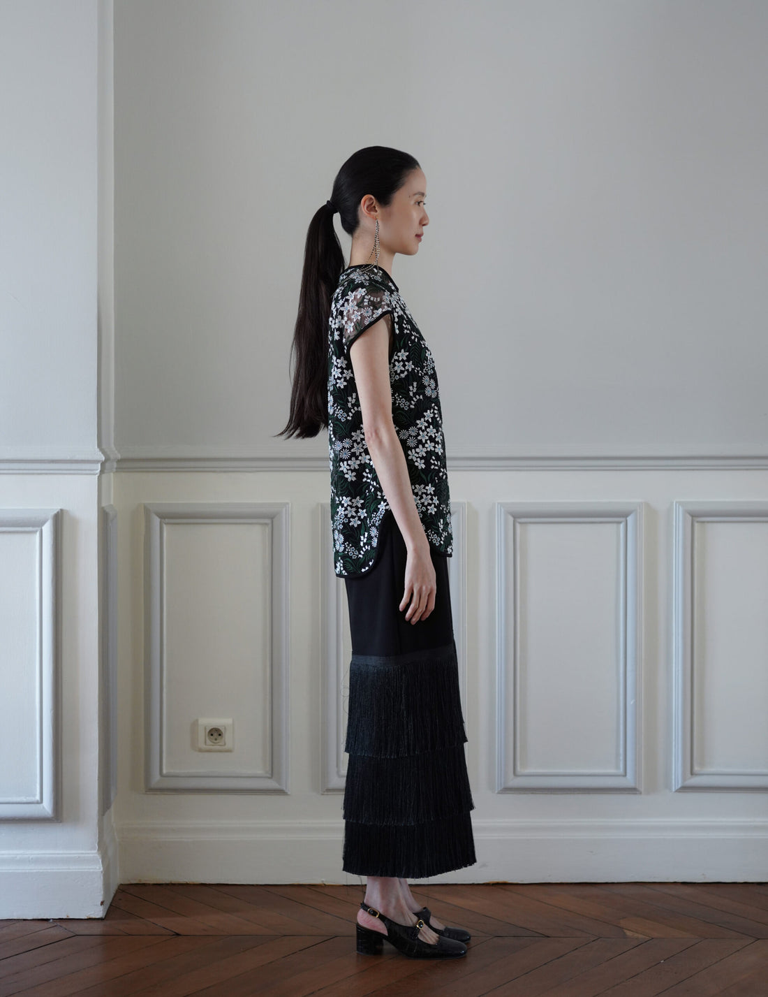 Mame Kurogouchi | Floral Lace French Sleeve Top - Green