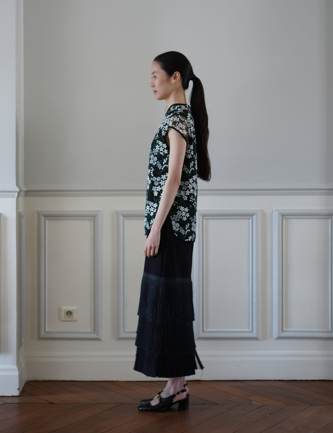 Mame Kurogouchi | Floral Lace French Sleeve Top - Green