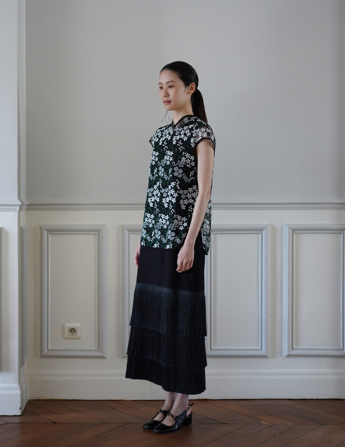 Mame Kurogouchi | Floral Lace French Sleeve Top - Green