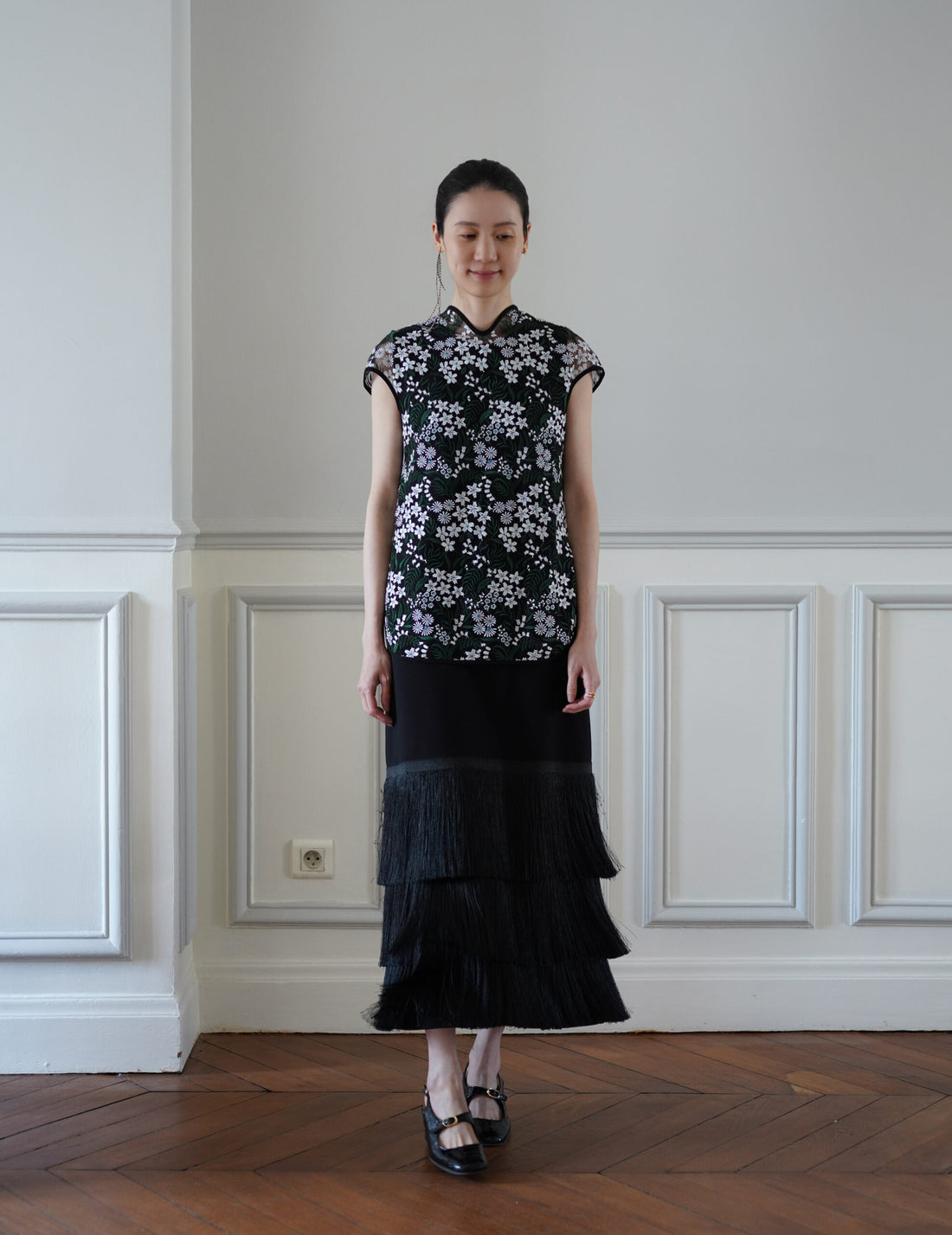 Mame Kurogouchi | Floral Lace French Sleeve Top - Green