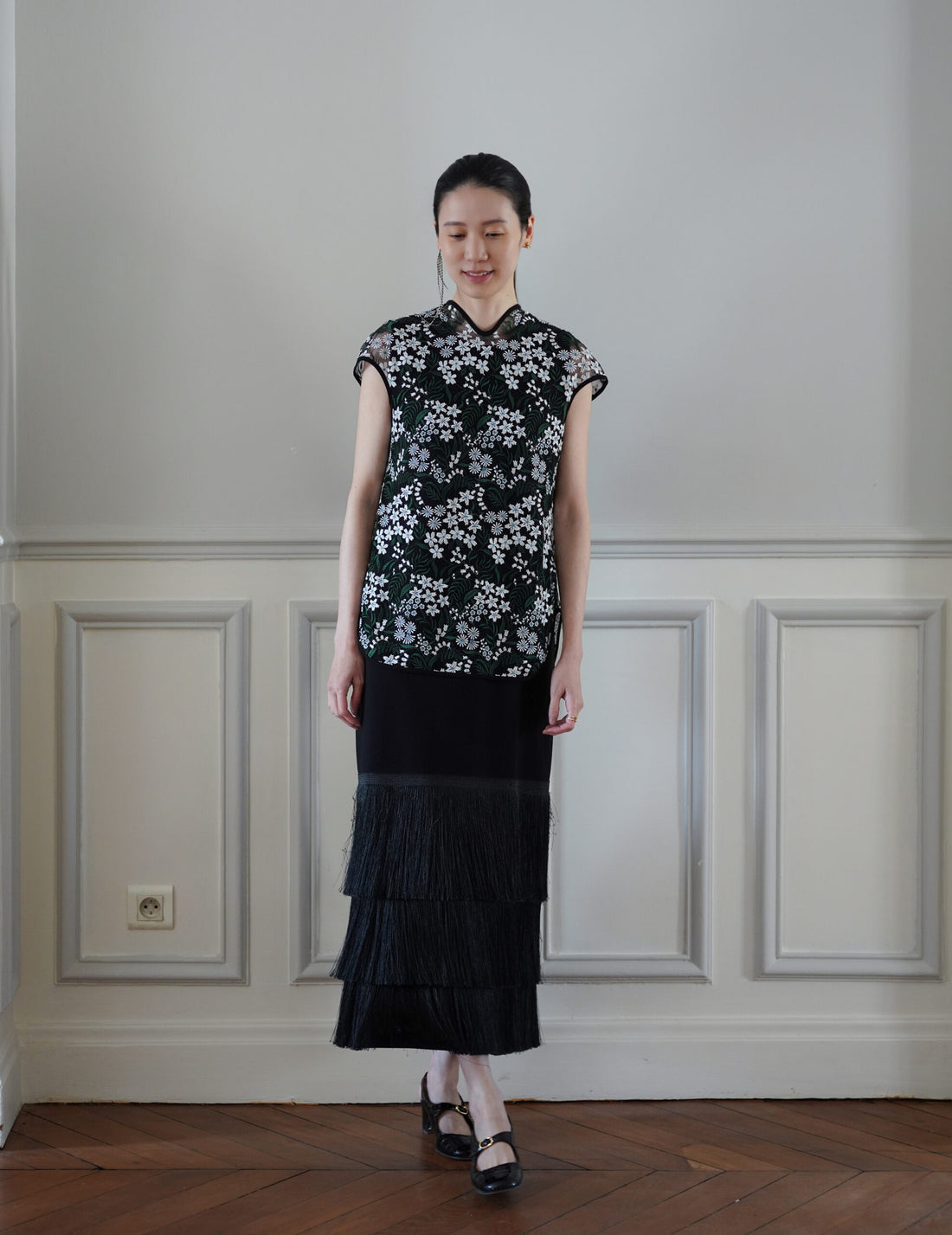 Mame Kurogouchi | Floral Lace French Sleeve Top - Green