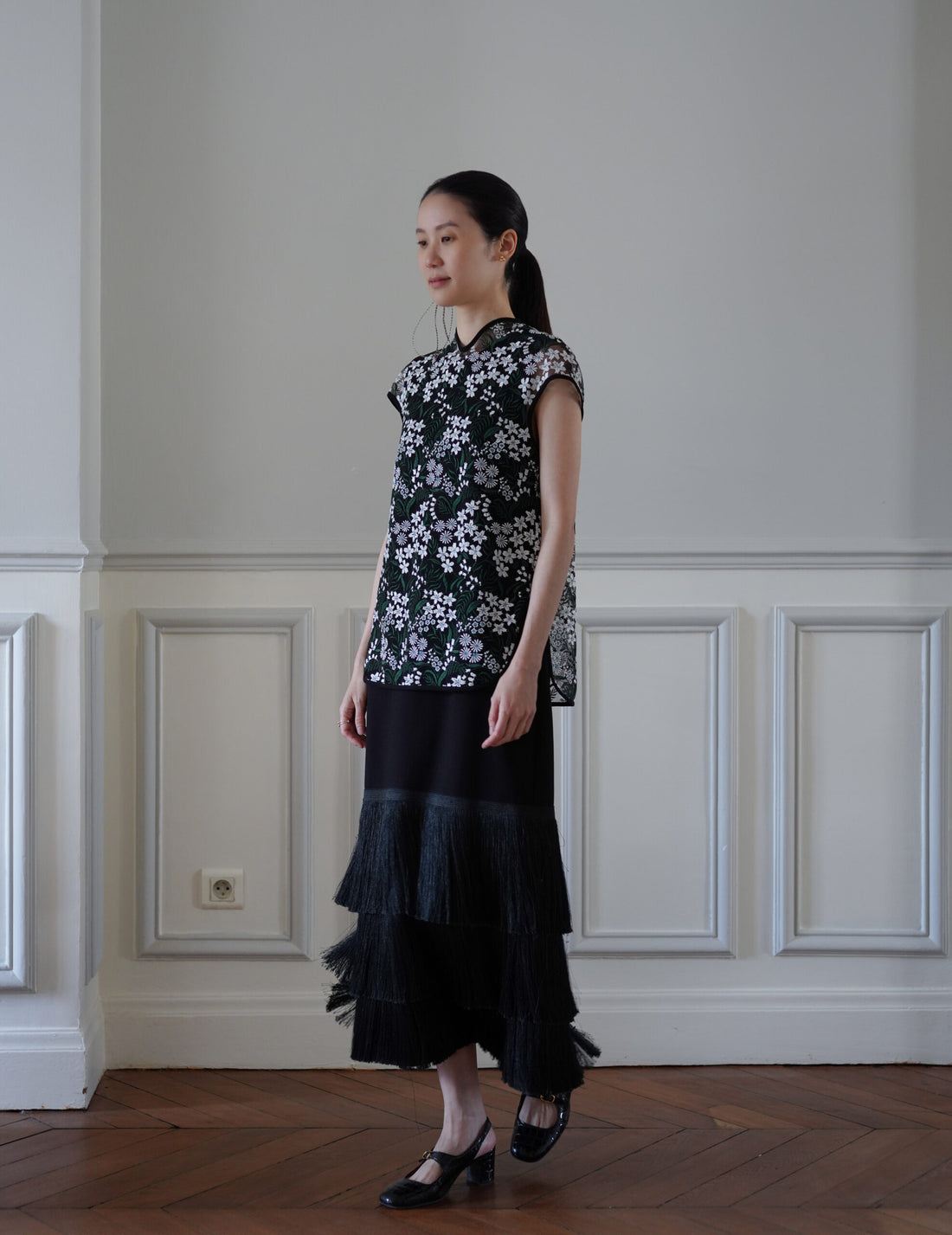 Mame Kurogouchi | Floral Lace French Sleeve Top - Green