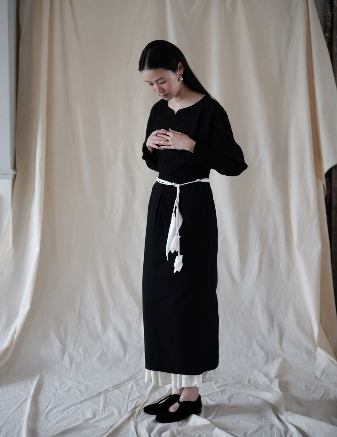 Floral Motif Silk Belt・White