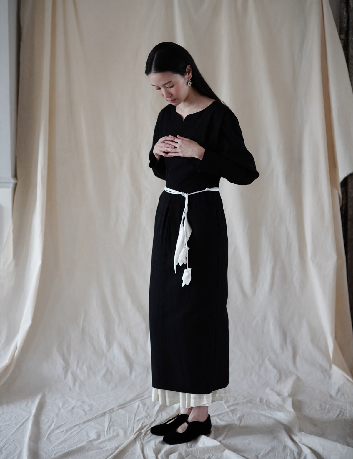 Floral Motif Silk Belt・White