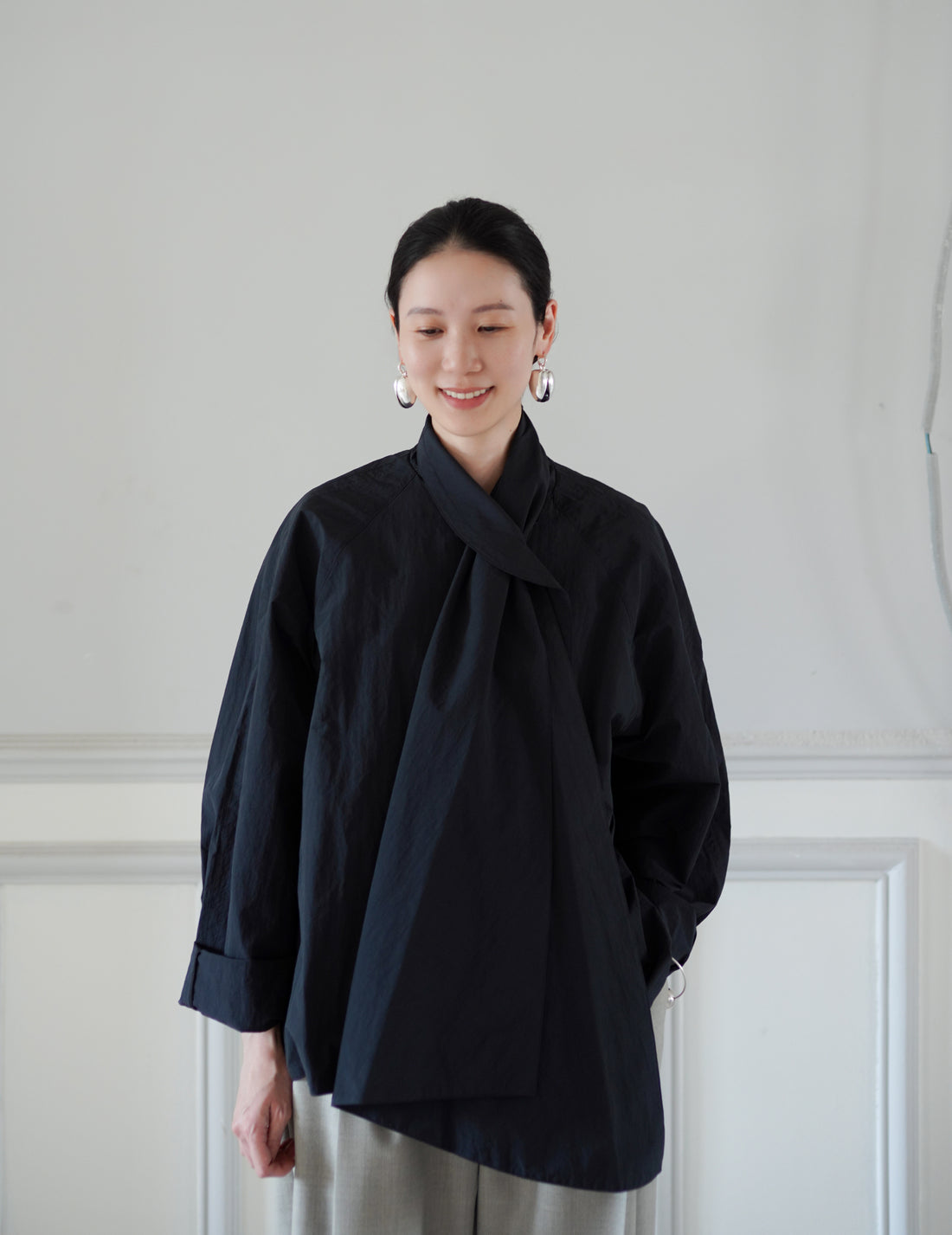 Annika Inez | Open Pod Earring - Large - Silver/Black