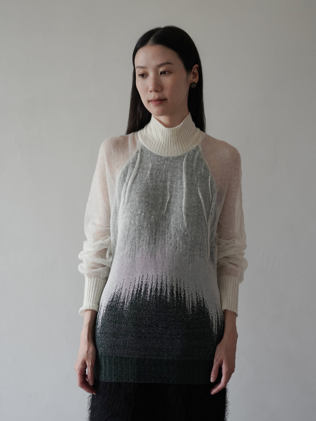 Sheer Jacquard High Neck Knit Top•Green