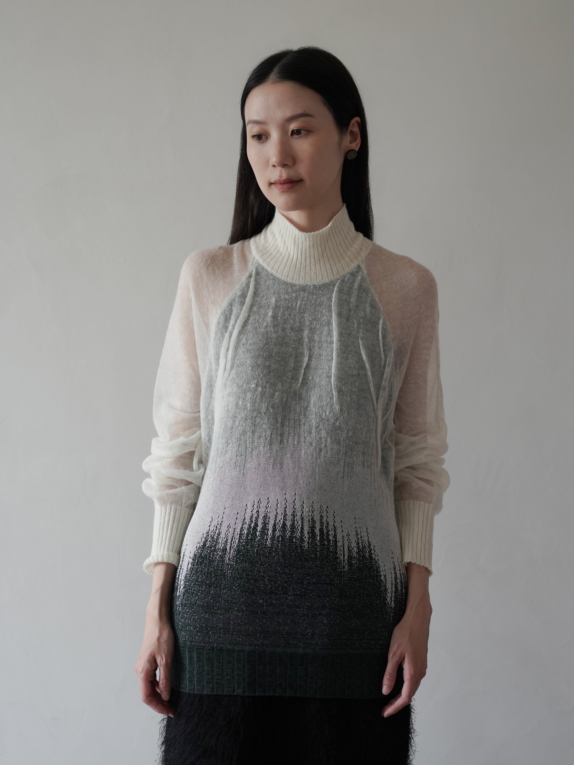 Sheer Jacquard High Neck Knit Top•Green