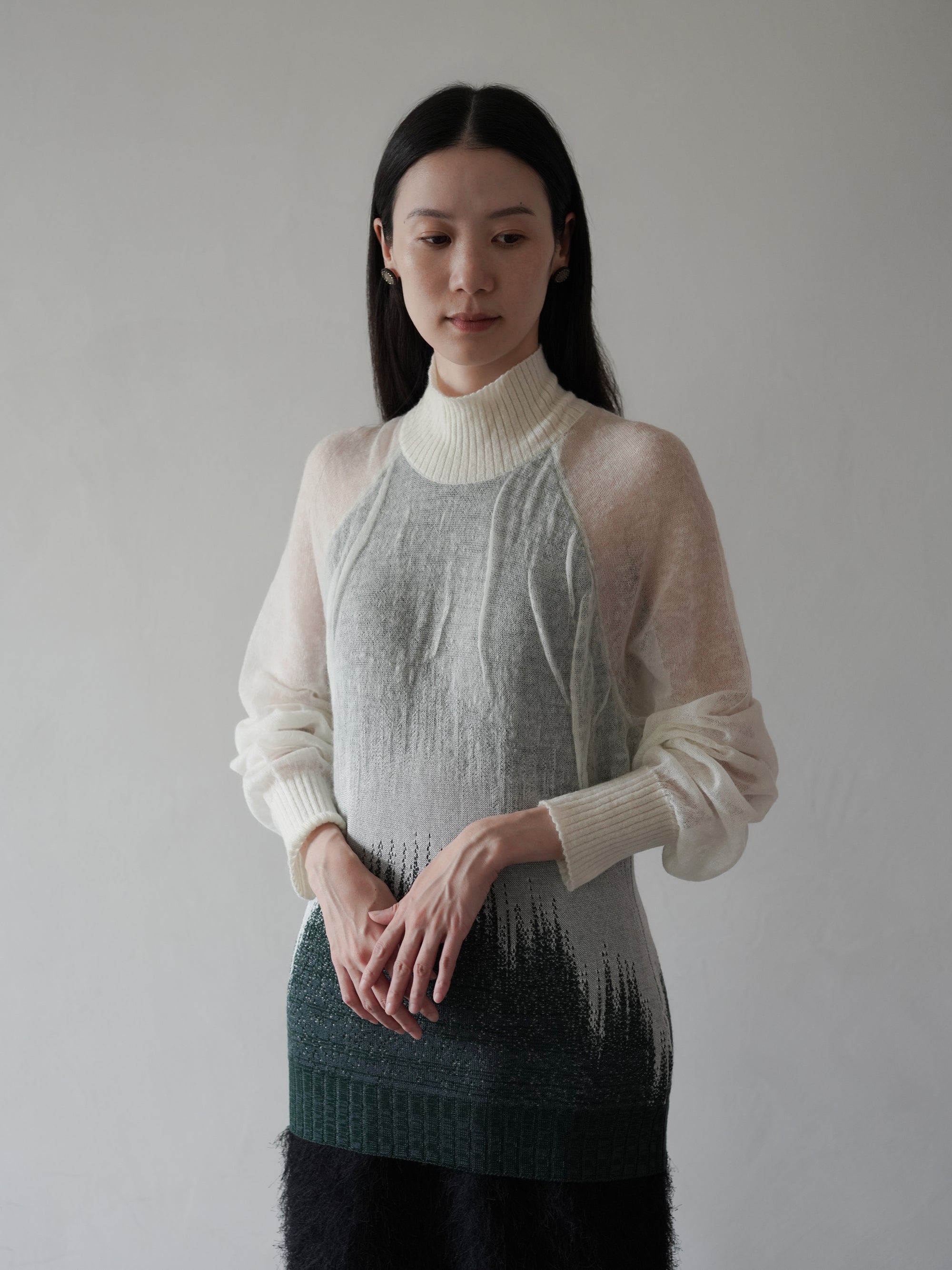 Sheer Jacquard High Neck Knit Top•Green