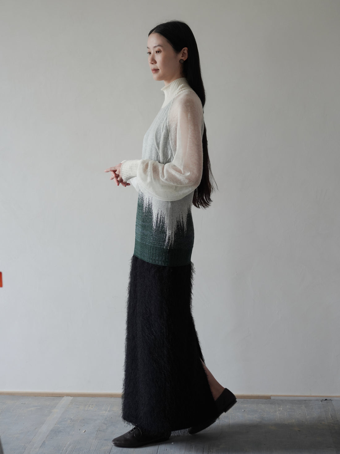 Sheer Jacquard High Neck Knit Top•Green