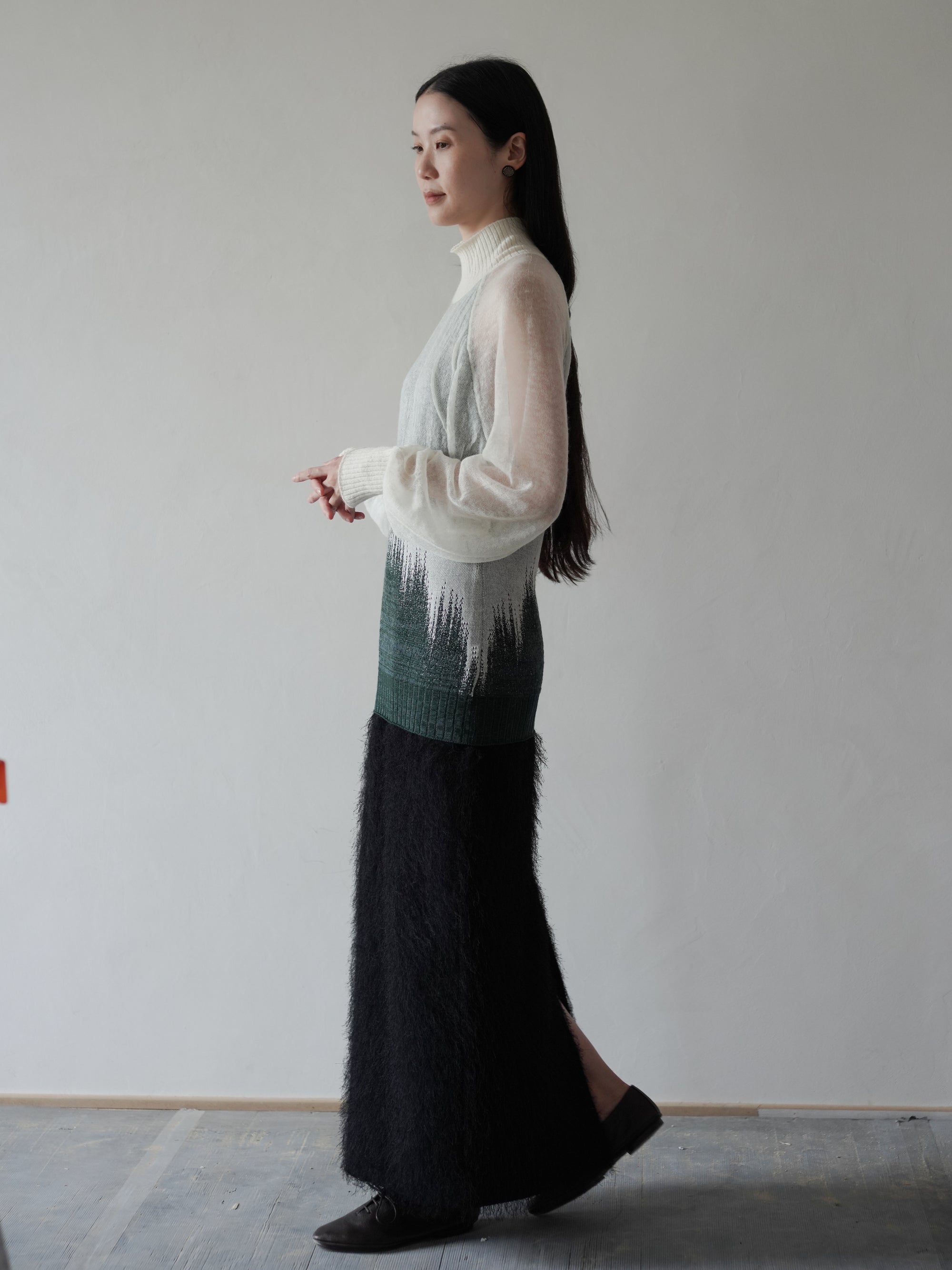 Sheer Jacquard High Neck Knit Top•Green