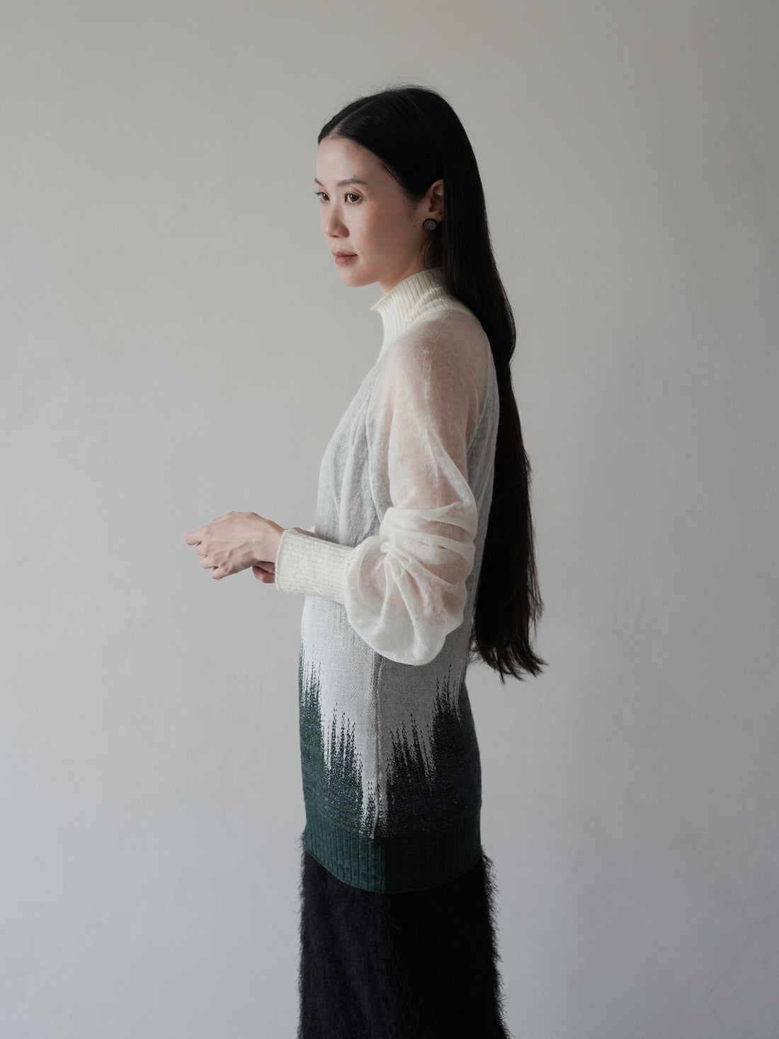Sheer Jacquard High Neck Knit Top•Green