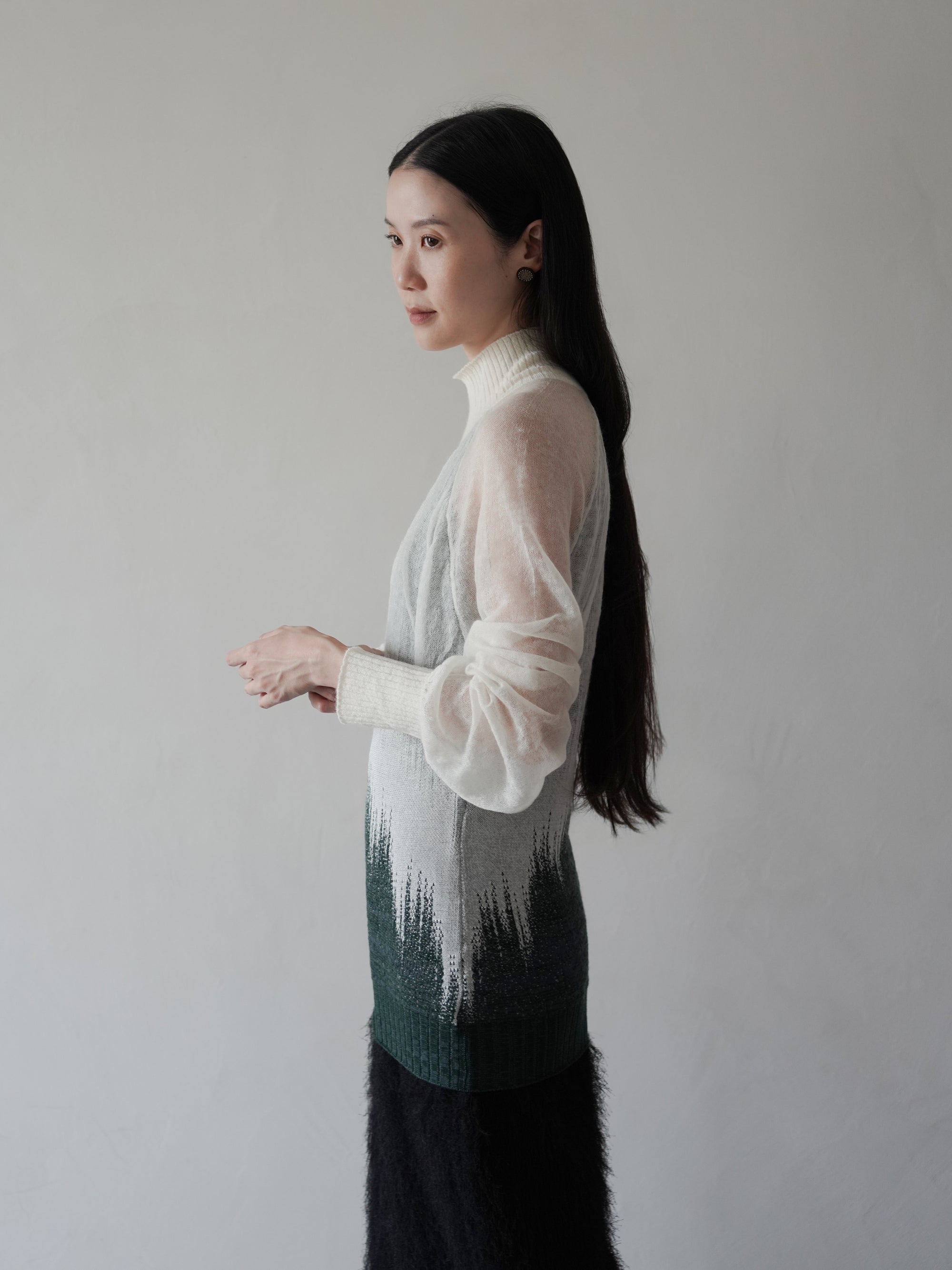 Sheer Jacquard High Neck Knit Top•Green