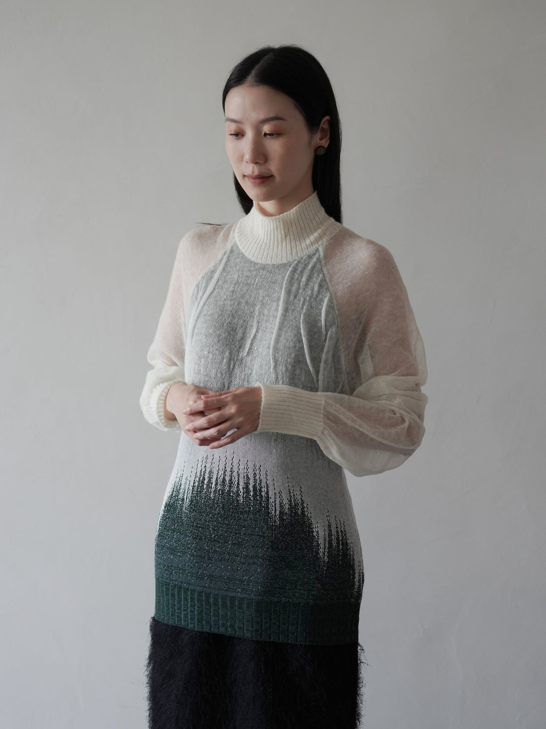 Sheer Jacquard High Neck Knit Top•Green