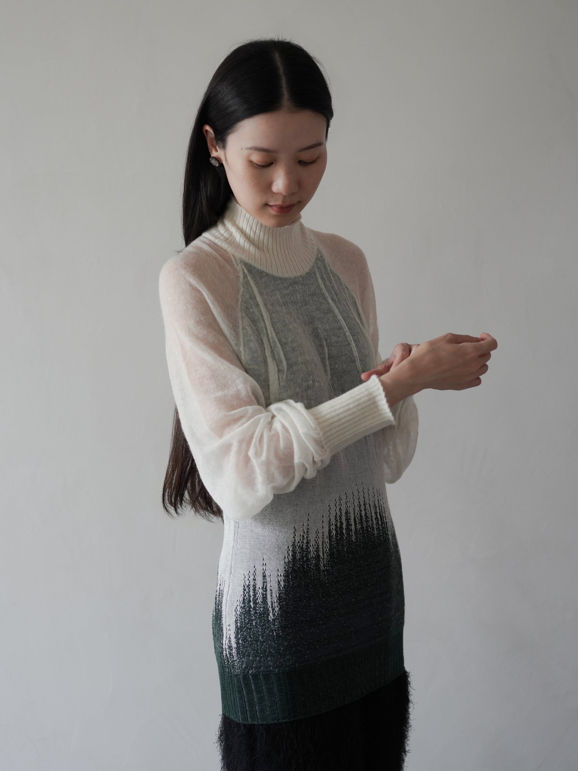 Sheer Jacquard High Neck Knit Top•Green
