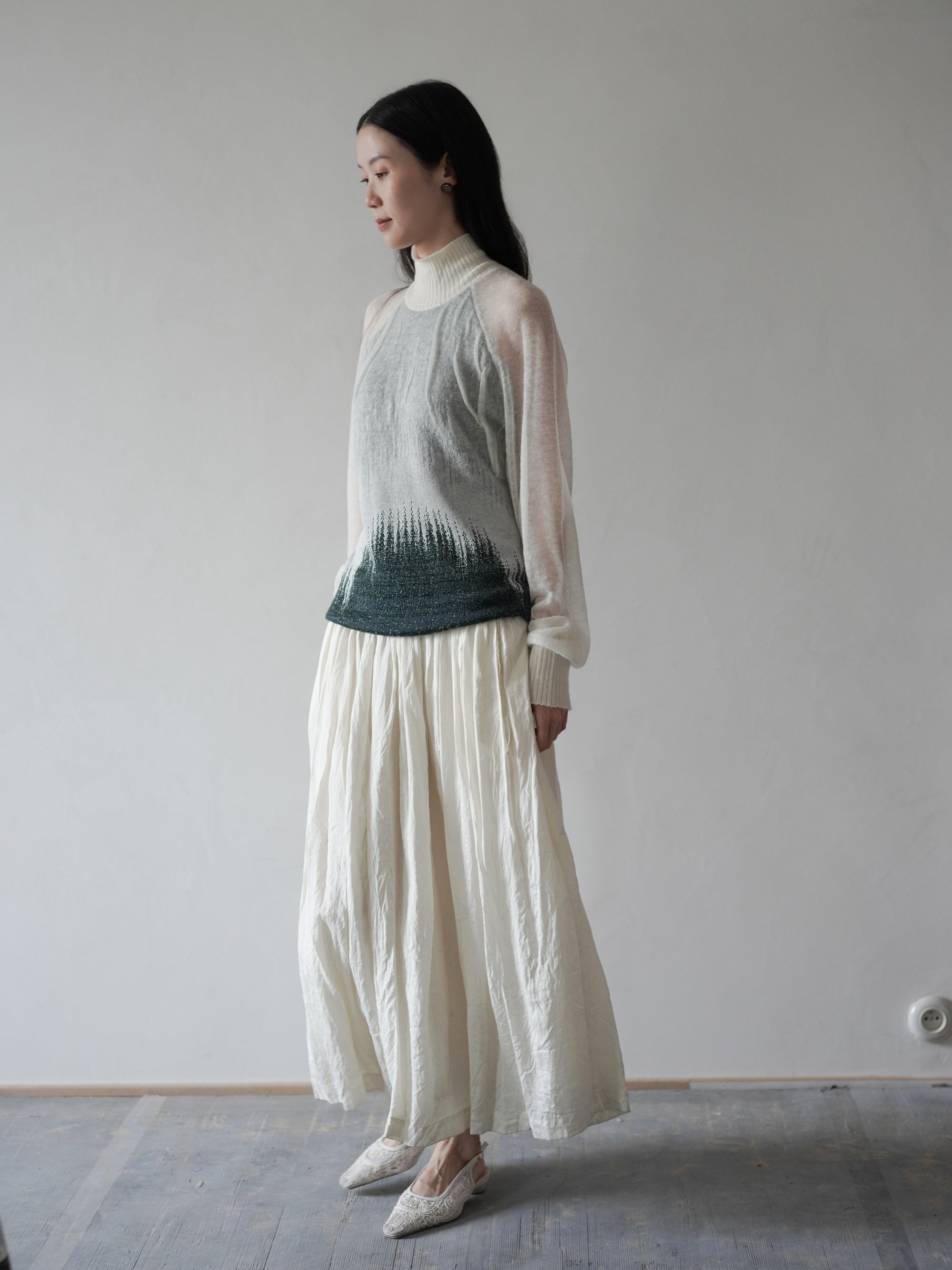 Sheer Jacquard High Neck Knit Top•Green