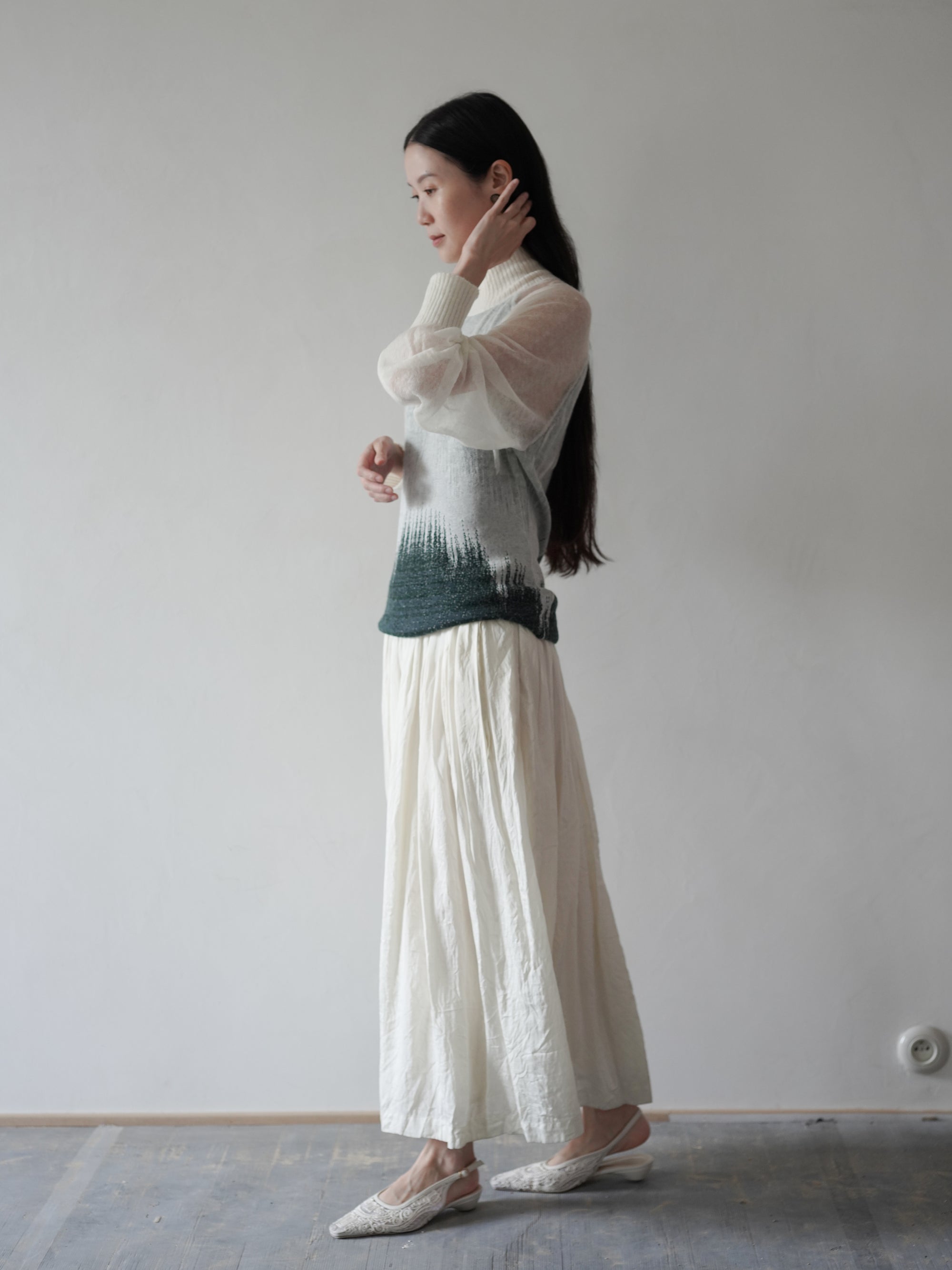Sheer Jacquard High Neck Knit Top•Green