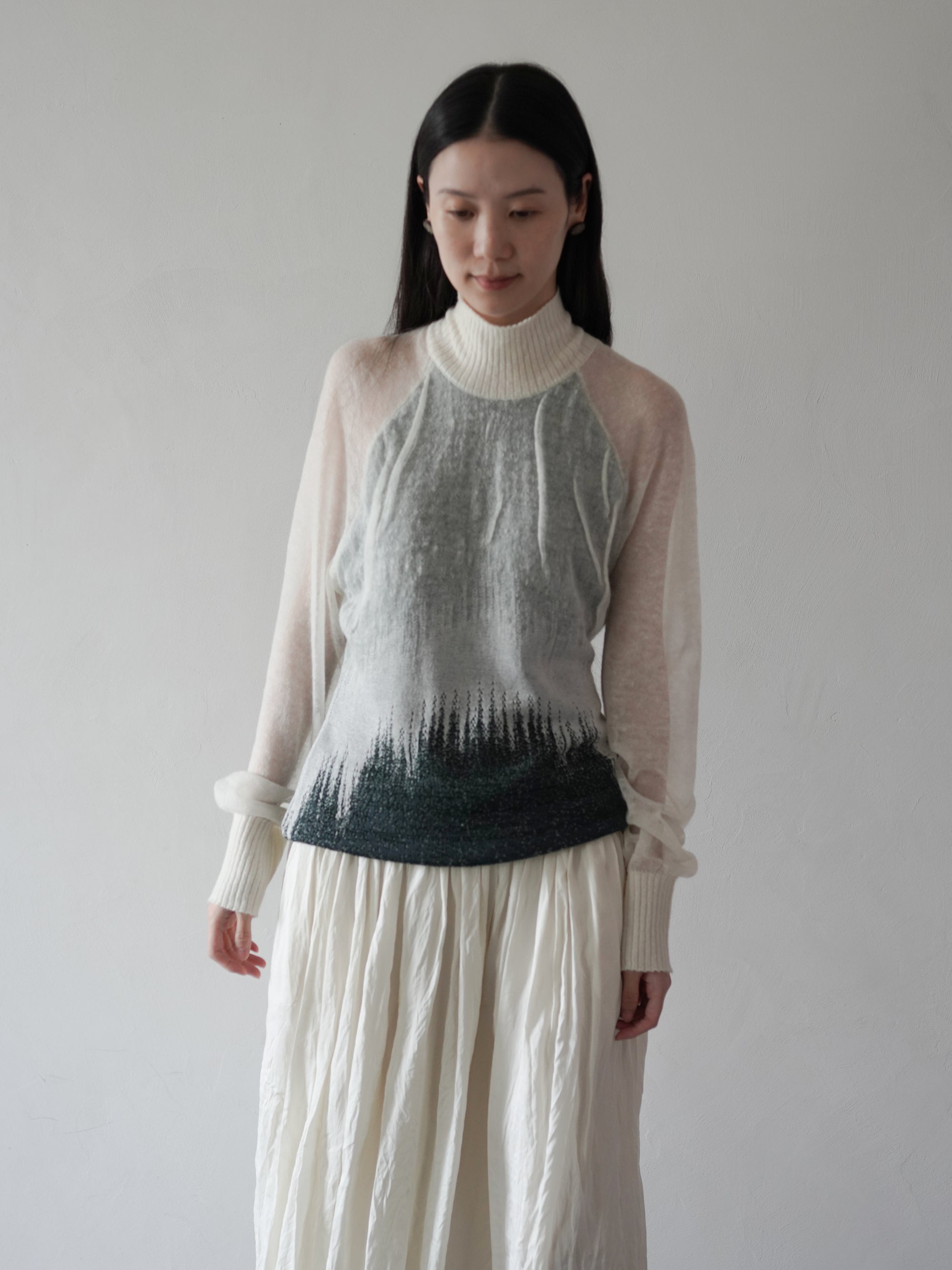 Sheer Jacquard High Neck Knit Top•Green