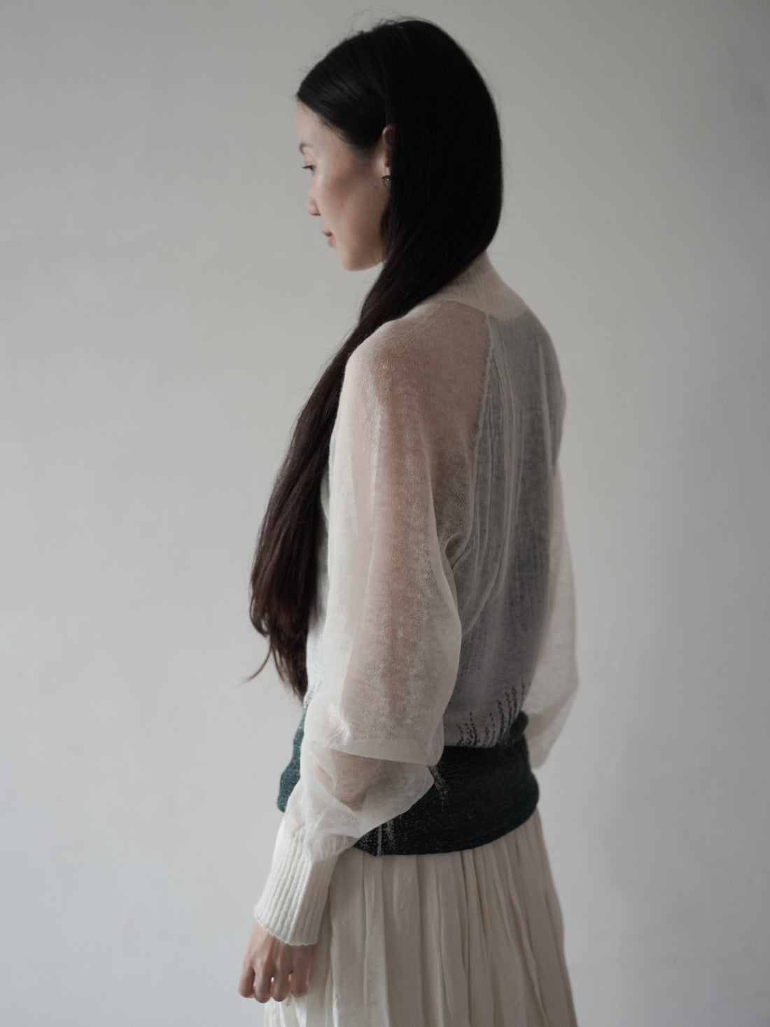 Sheer Jacquard High Neck Knit Top•Green