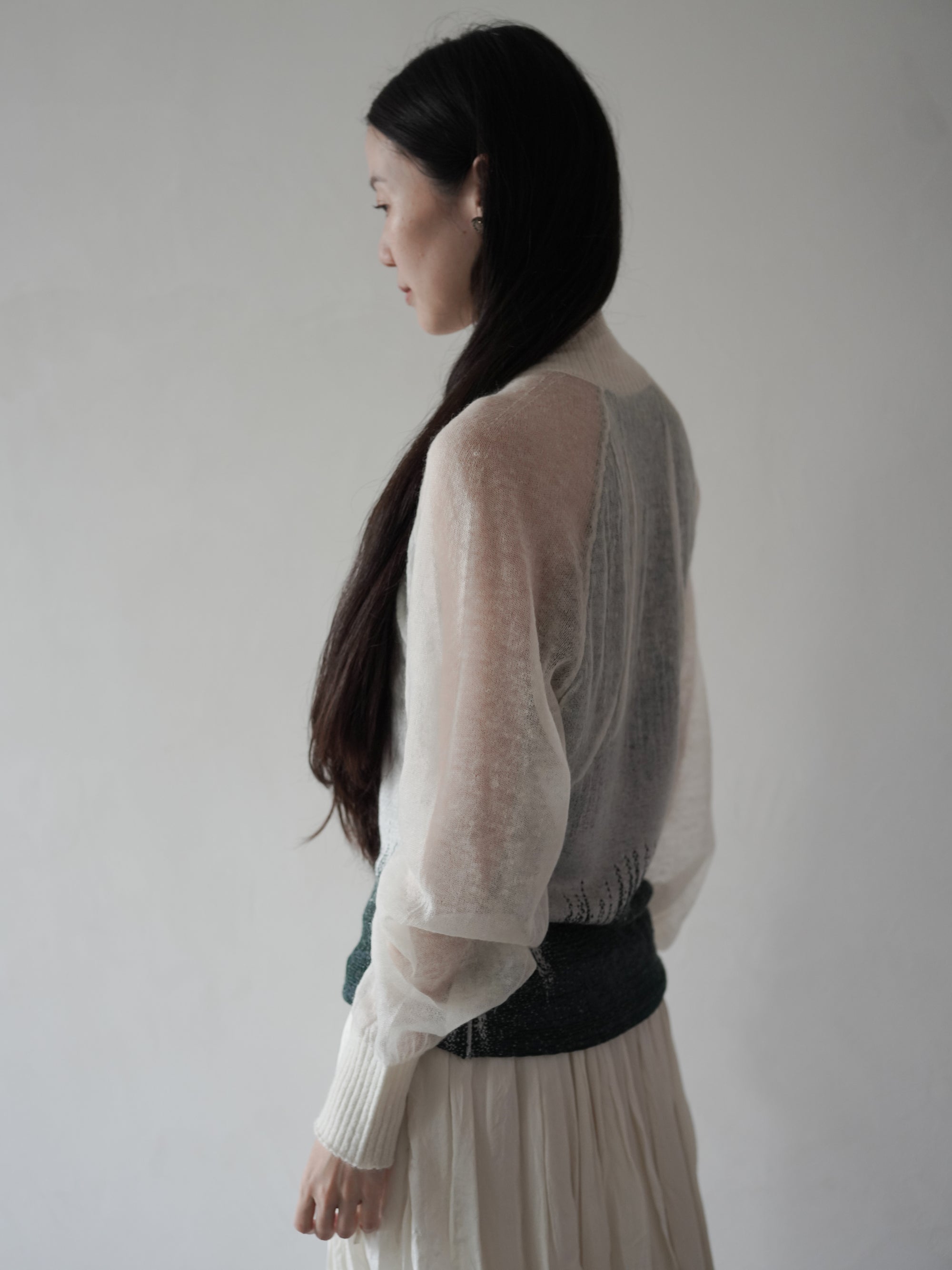 Sheer Jacquard High Neck Knit Top•Green
