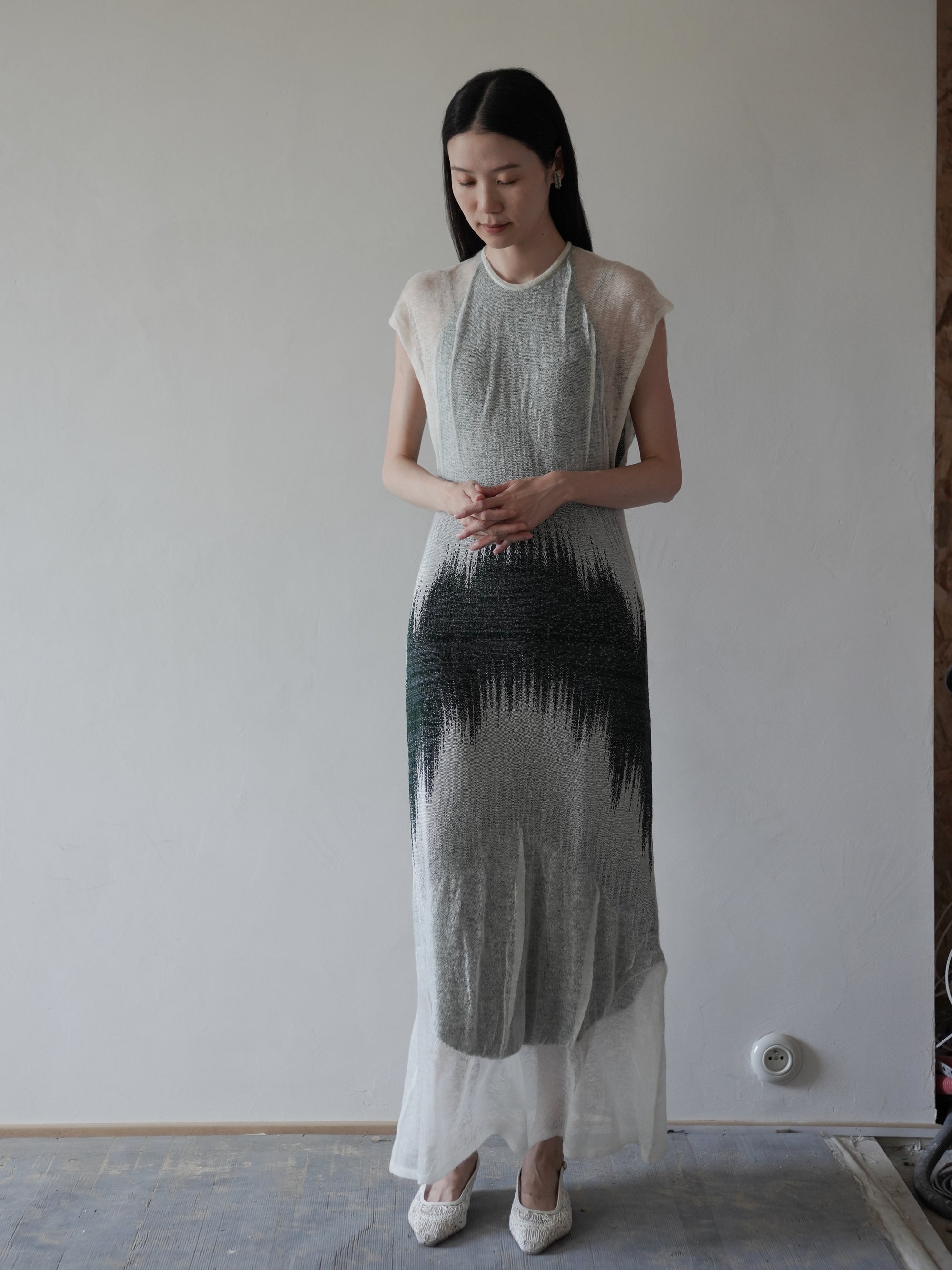 Sheer Jacquard Knit Dress・Green