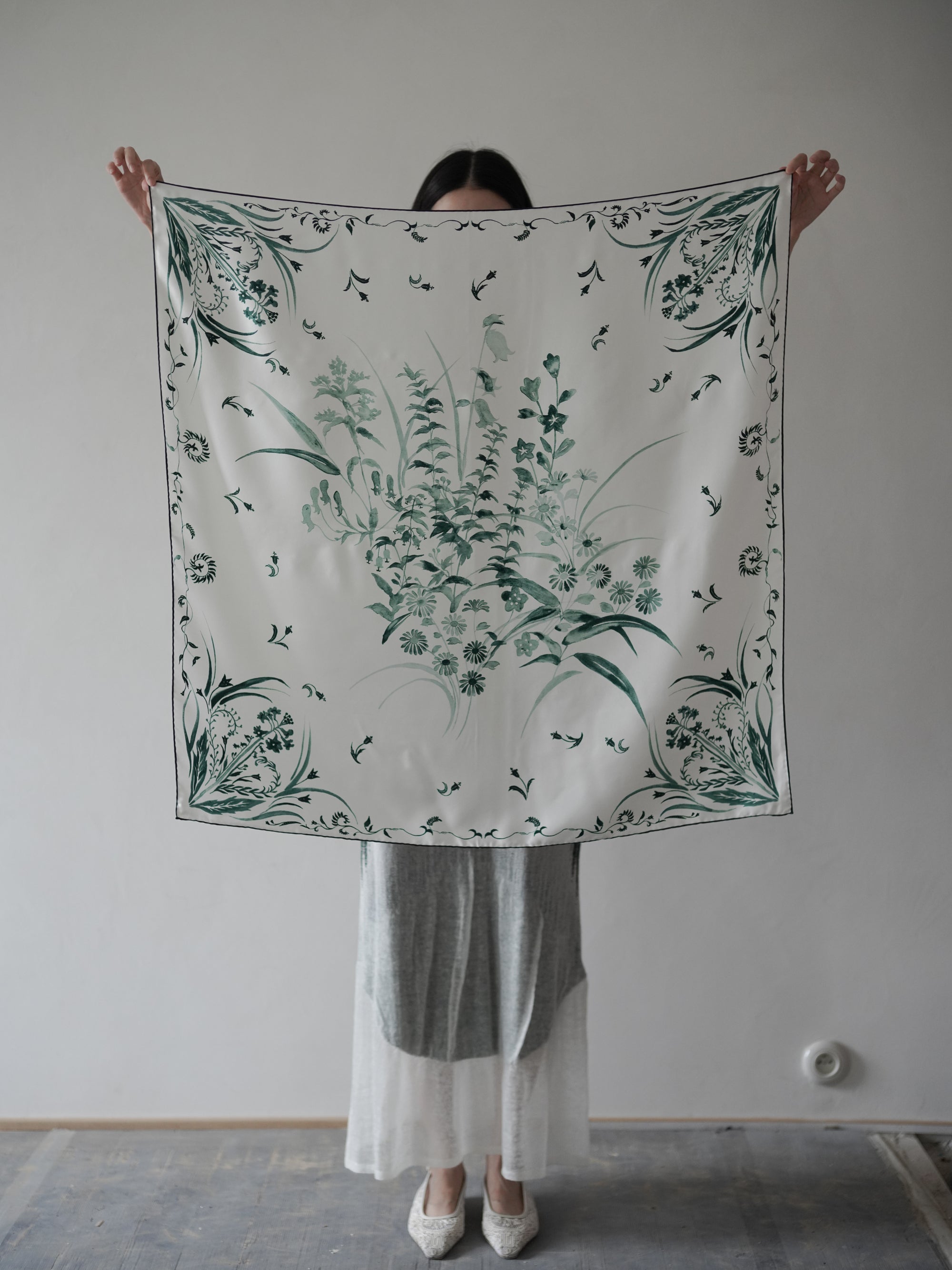 Hand Printed Silk Scarf・Green