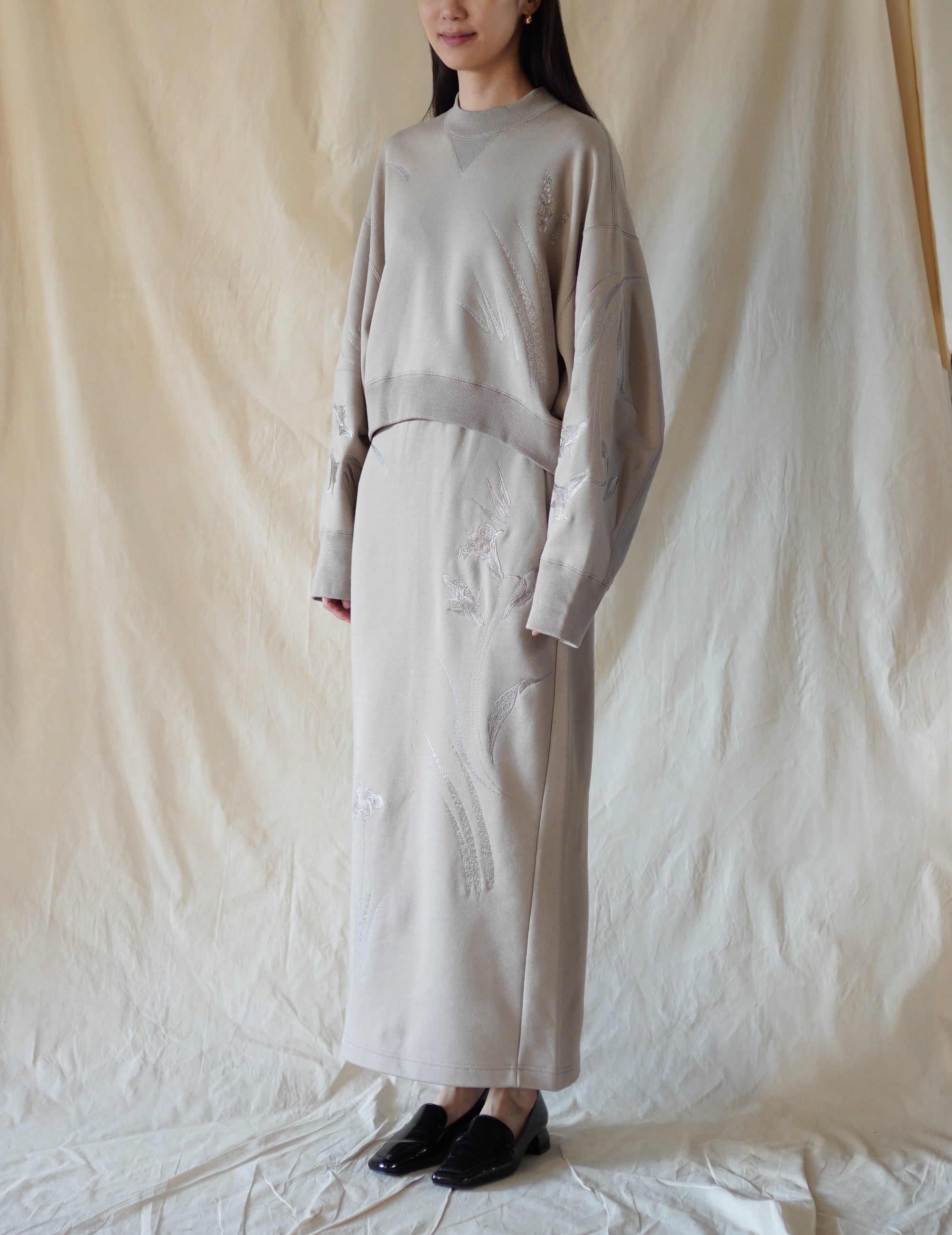 Floral Motif Embroidered Sweater Skirt · Beige