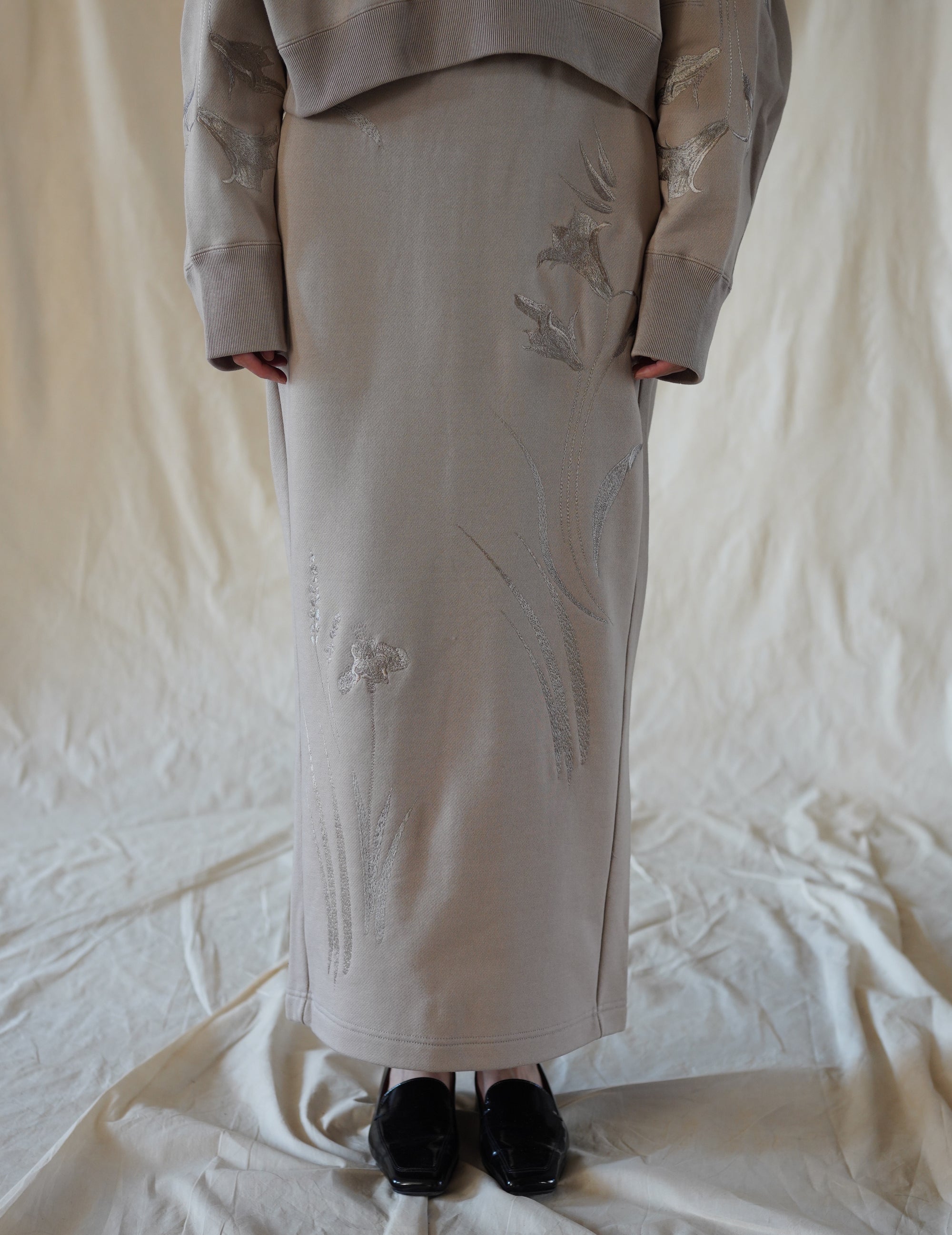 Floral Motif Embroidered Sweater Skirt · Beige