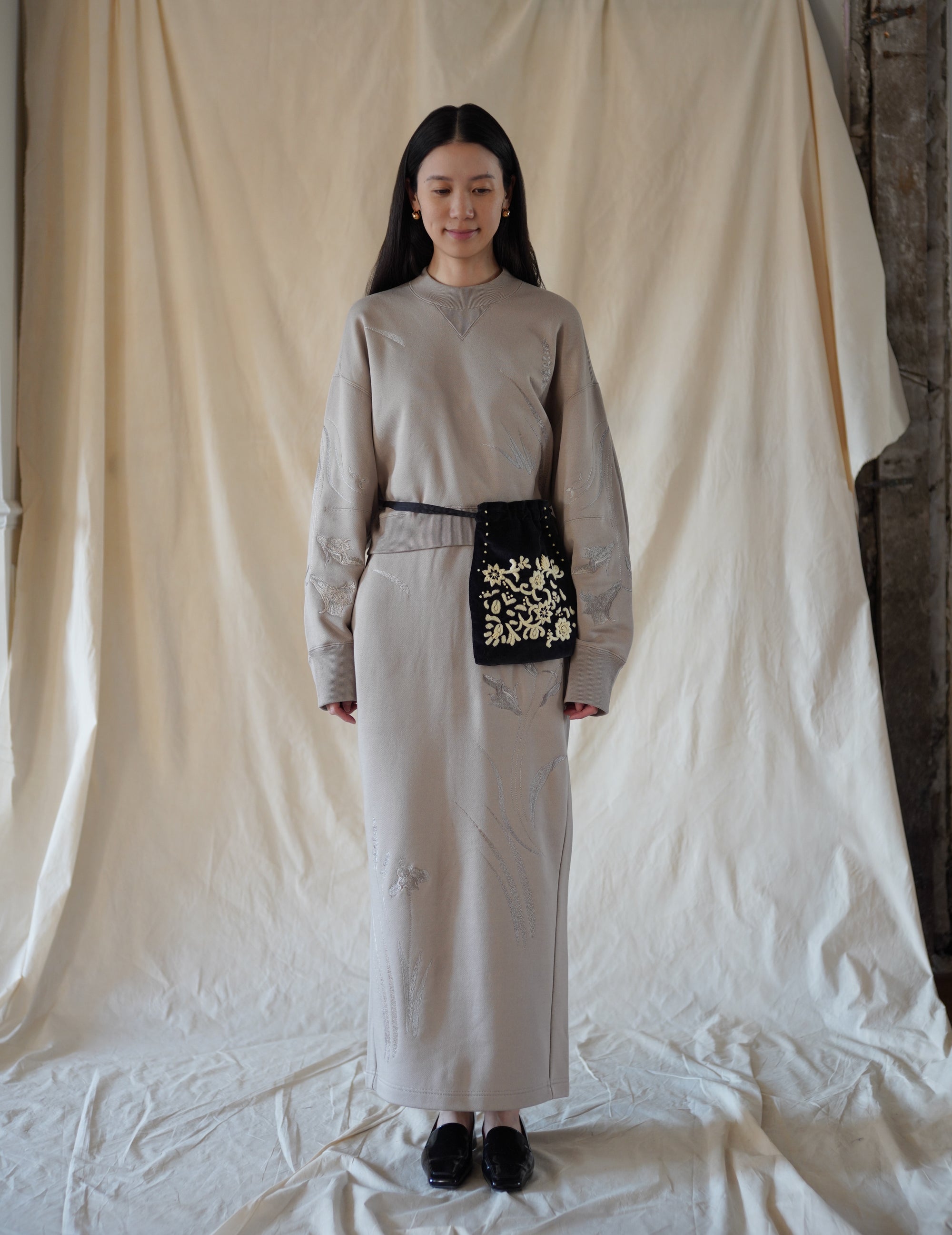 Floral Motif Embroidered Sweater Skirt · Beige