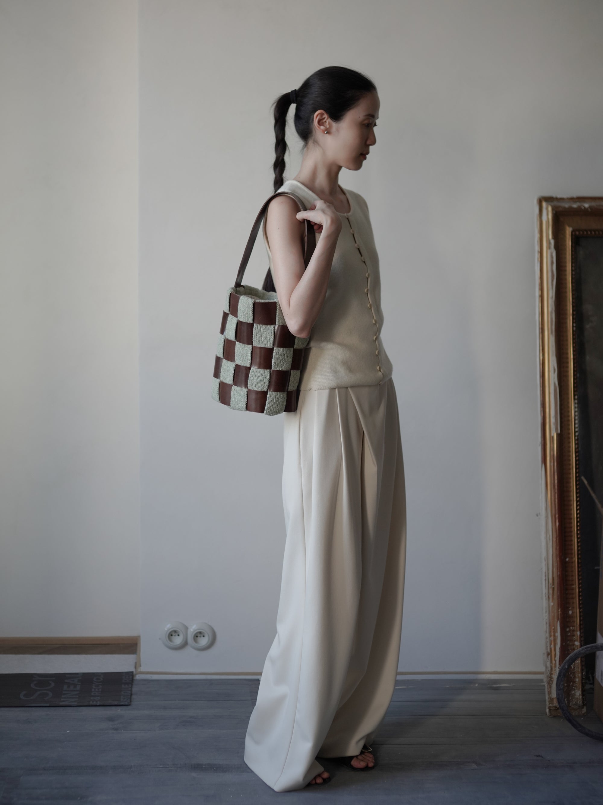 Leather-Knit Basket Bag・Light Green