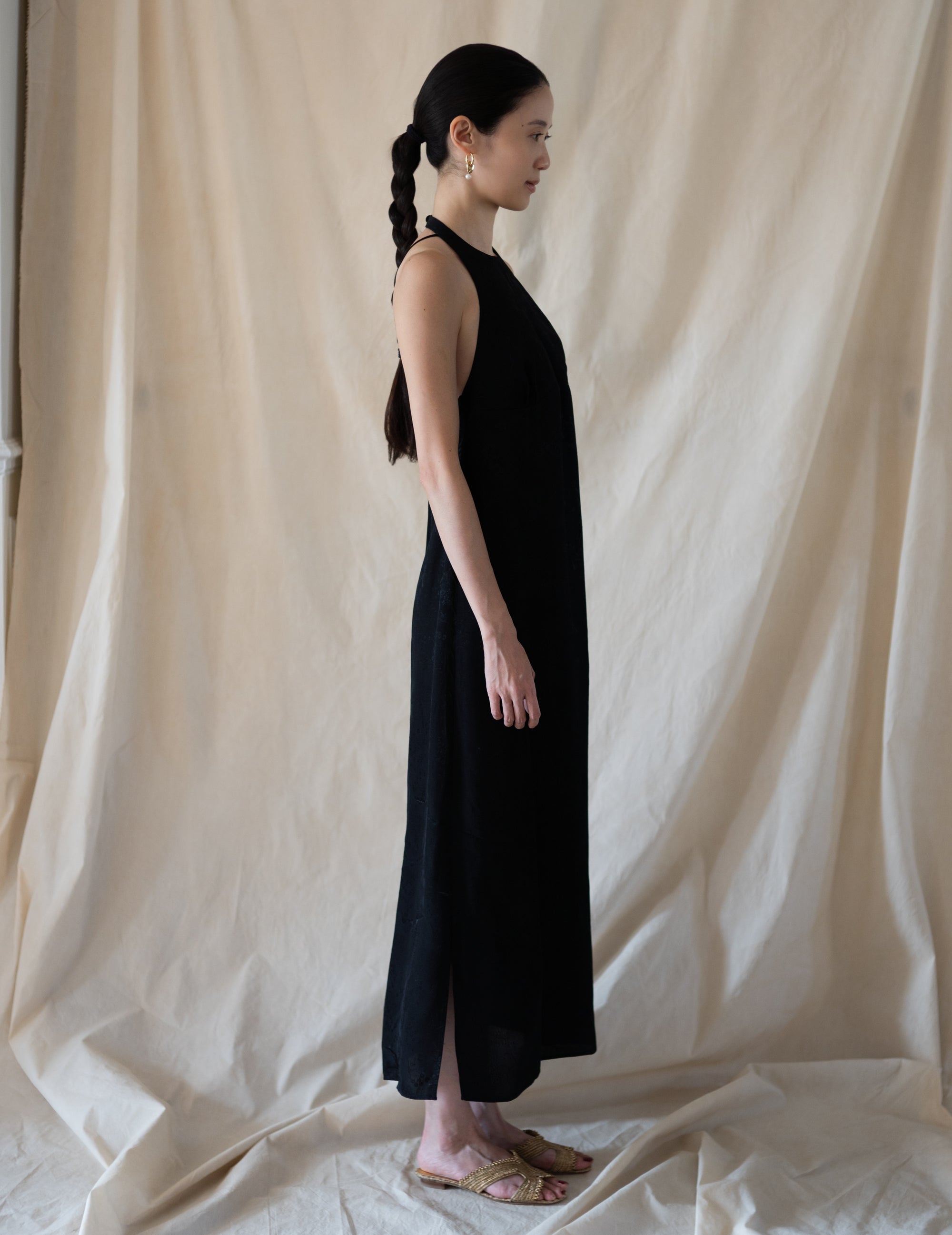 Floral Jacquard Camisole Dress - Black