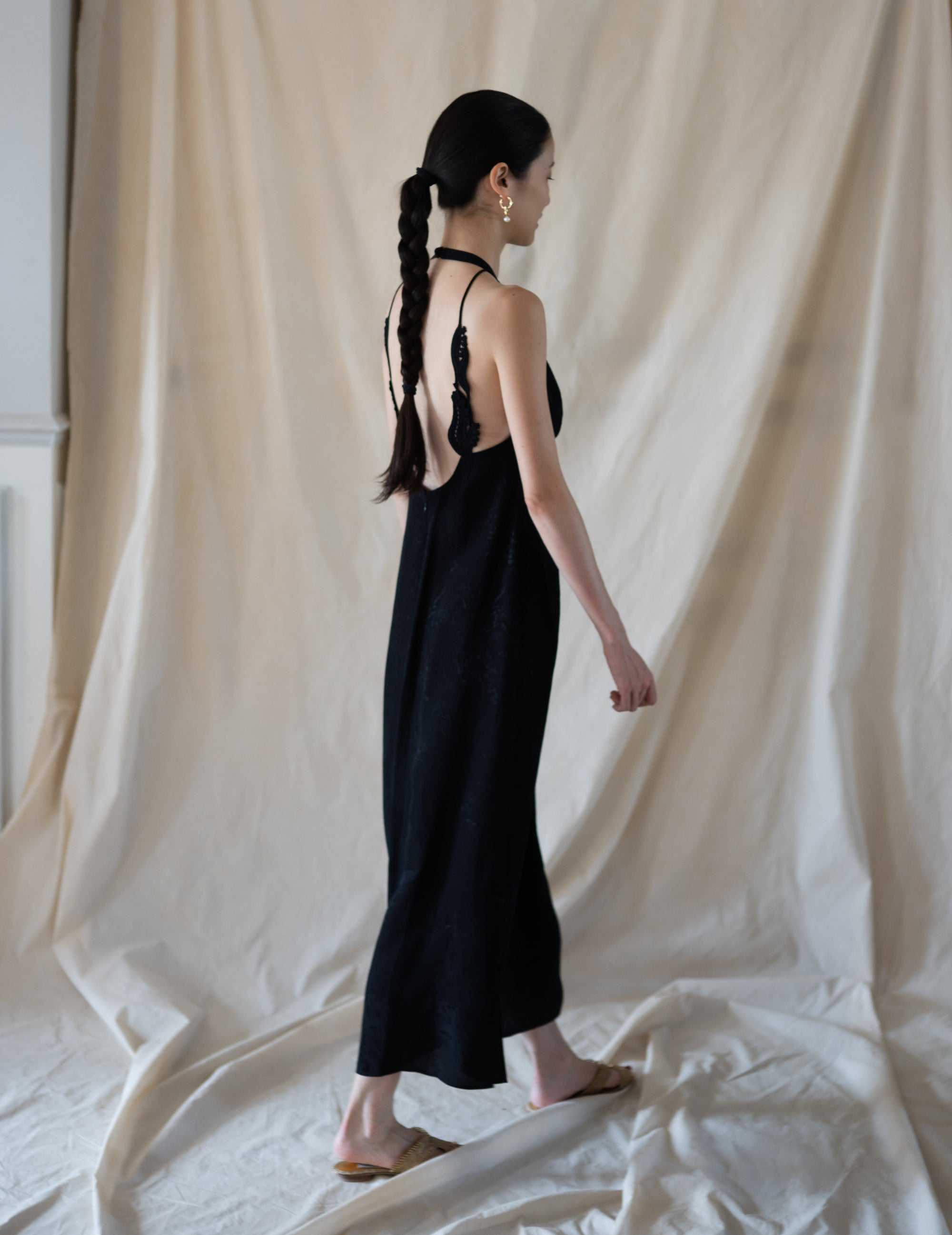 Floral Jacquard Camisole Dress - Black