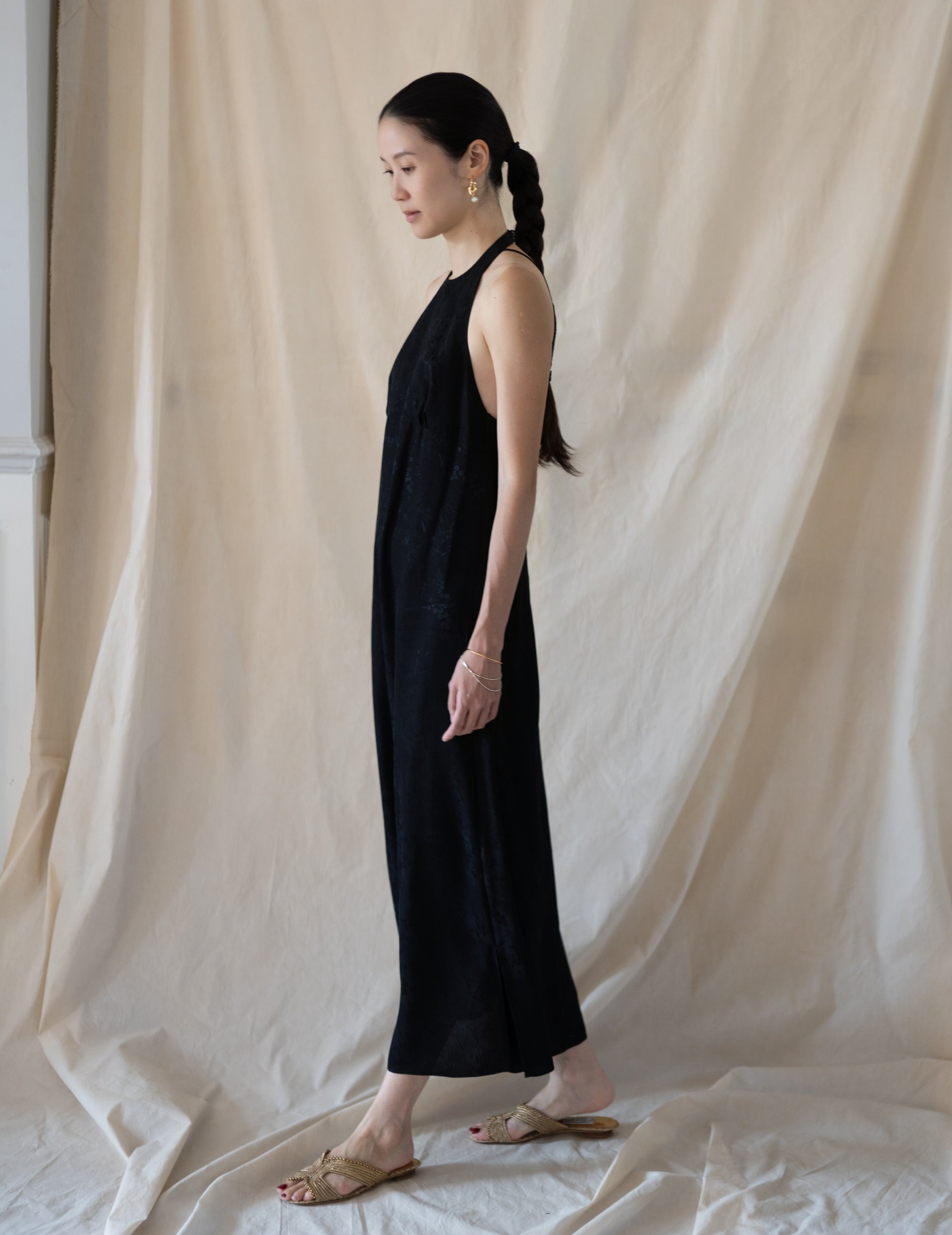 Floral Jacquard Camisole Dress - Black