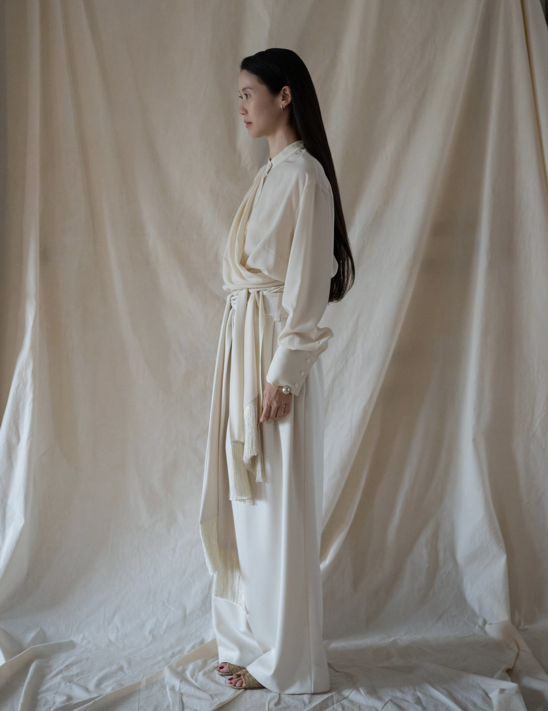 DELEGAN | Belt Fringe Shirt・Ivory