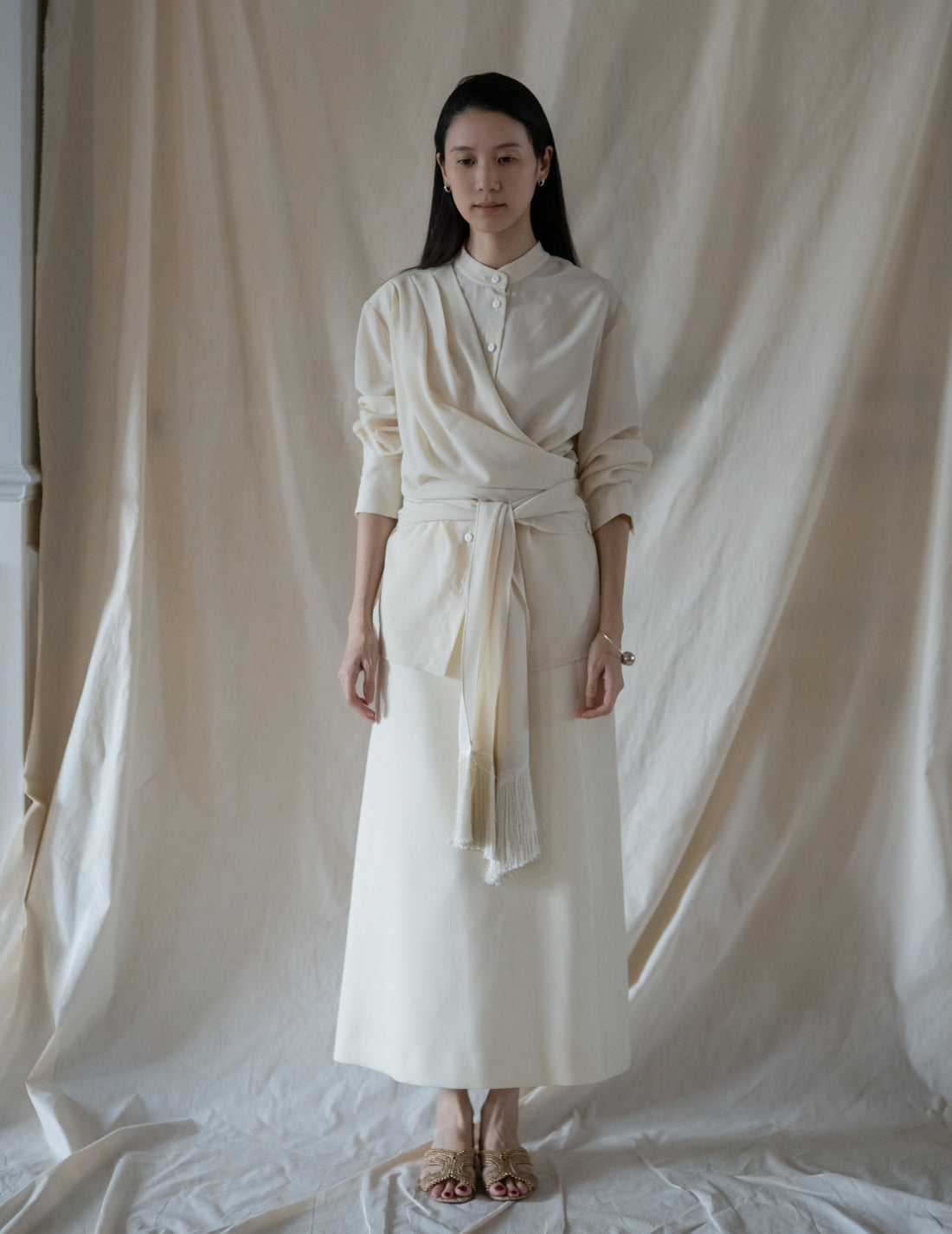 DELEGAN | Belt Fringe Shirt・Ivory