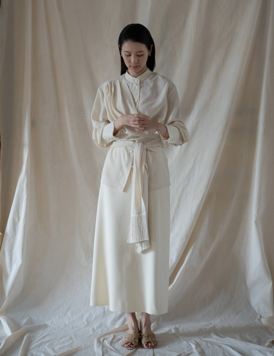 DELEGAN | Belt Fringe Shirt・Ivory