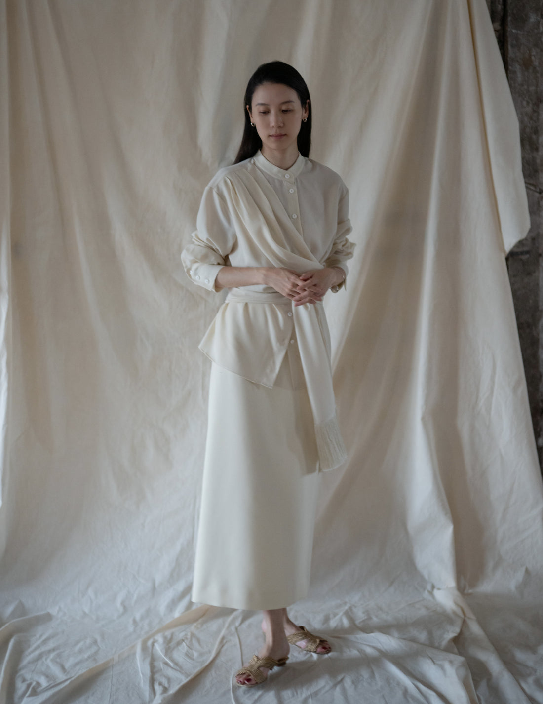 DELEGAN | Belt Fringe Shirt・Ivory