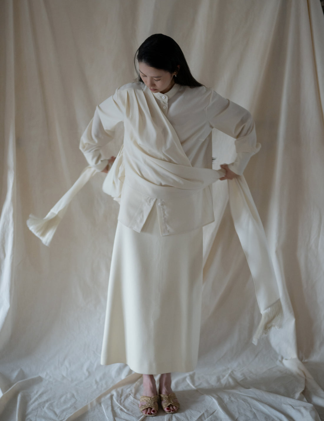 DELEGAN | Belt Fringe Shirt・Ivory