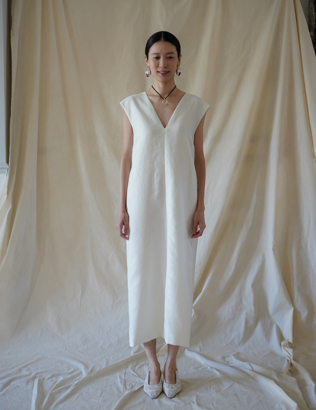 SCEARN | Cotton Nylon Jacquard Dress・Ecru