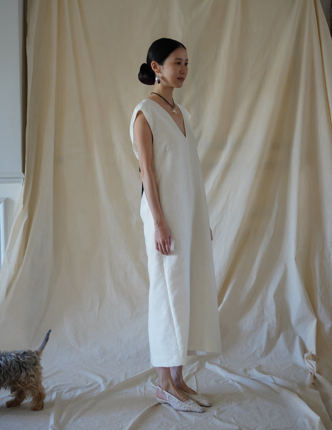 SCEARN | Cotton Nylon Jacquard Dress・Ecru