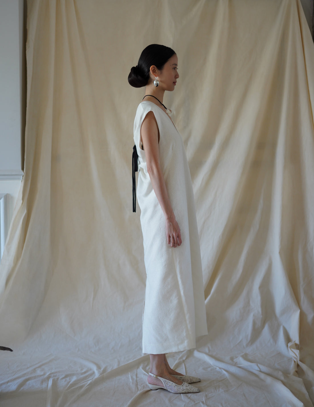 SCEARN | Cotton Nylon Jacquard Dress・Ecru