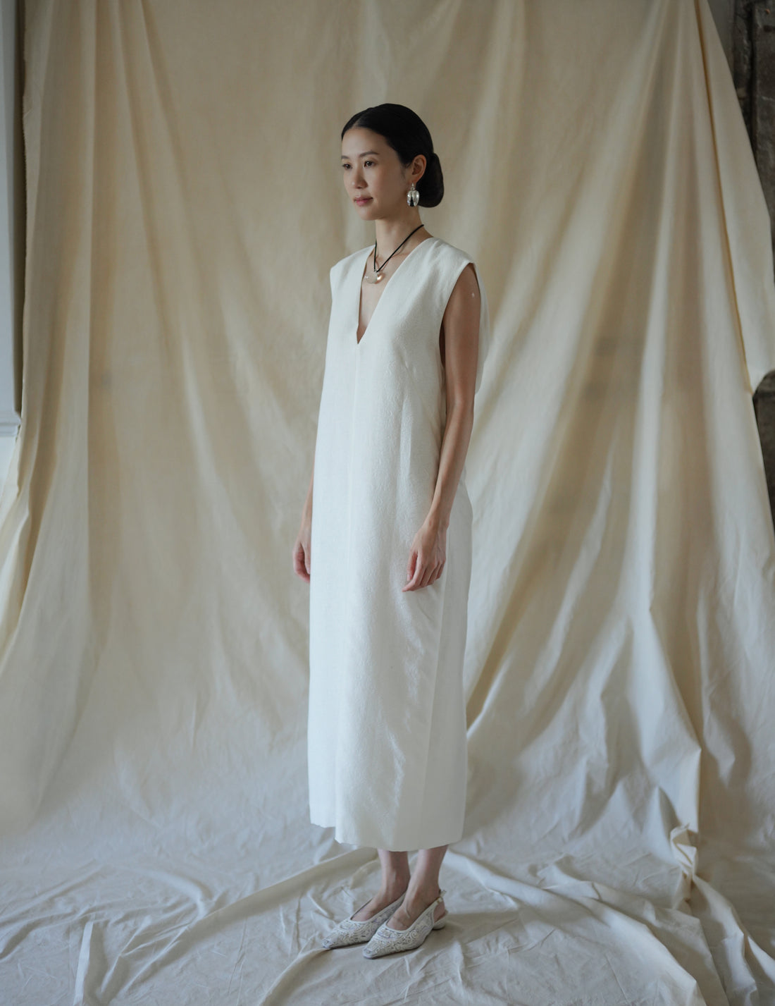 SCEARN | Cotton Nylon Jacquard Dress・Ecru
