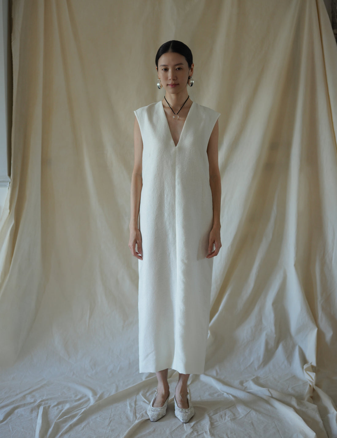 SCEARN | Cotton Nylon Jacquard Dress・Ecru
