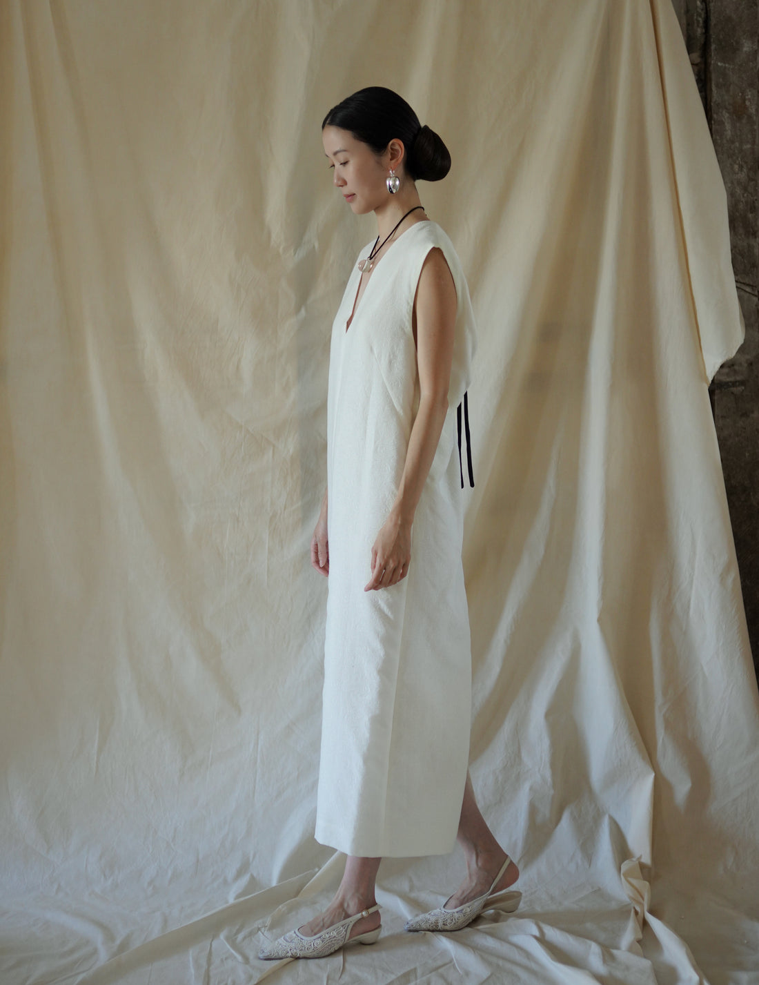 SCEARN | Cotton Nylon Jacquard Dress・Ecru