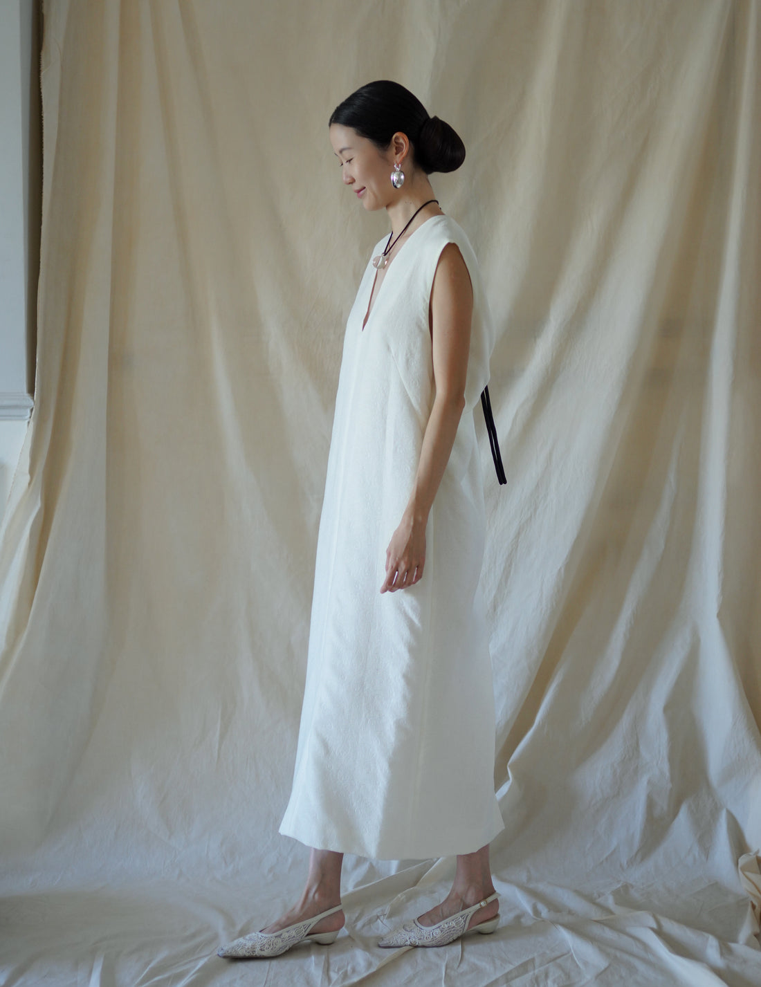 SCEARN | Cotton Nylon Jacquard Dress・Ecru