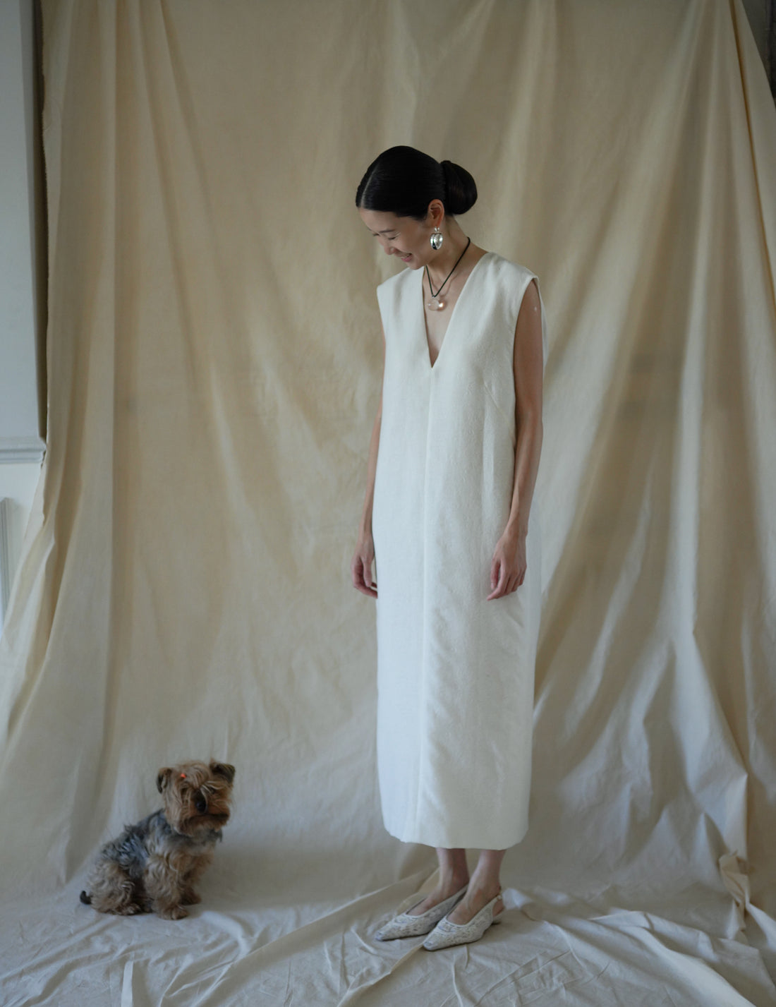 SCEARN | Cotton Nylon Jacquard Dress・Ecru
