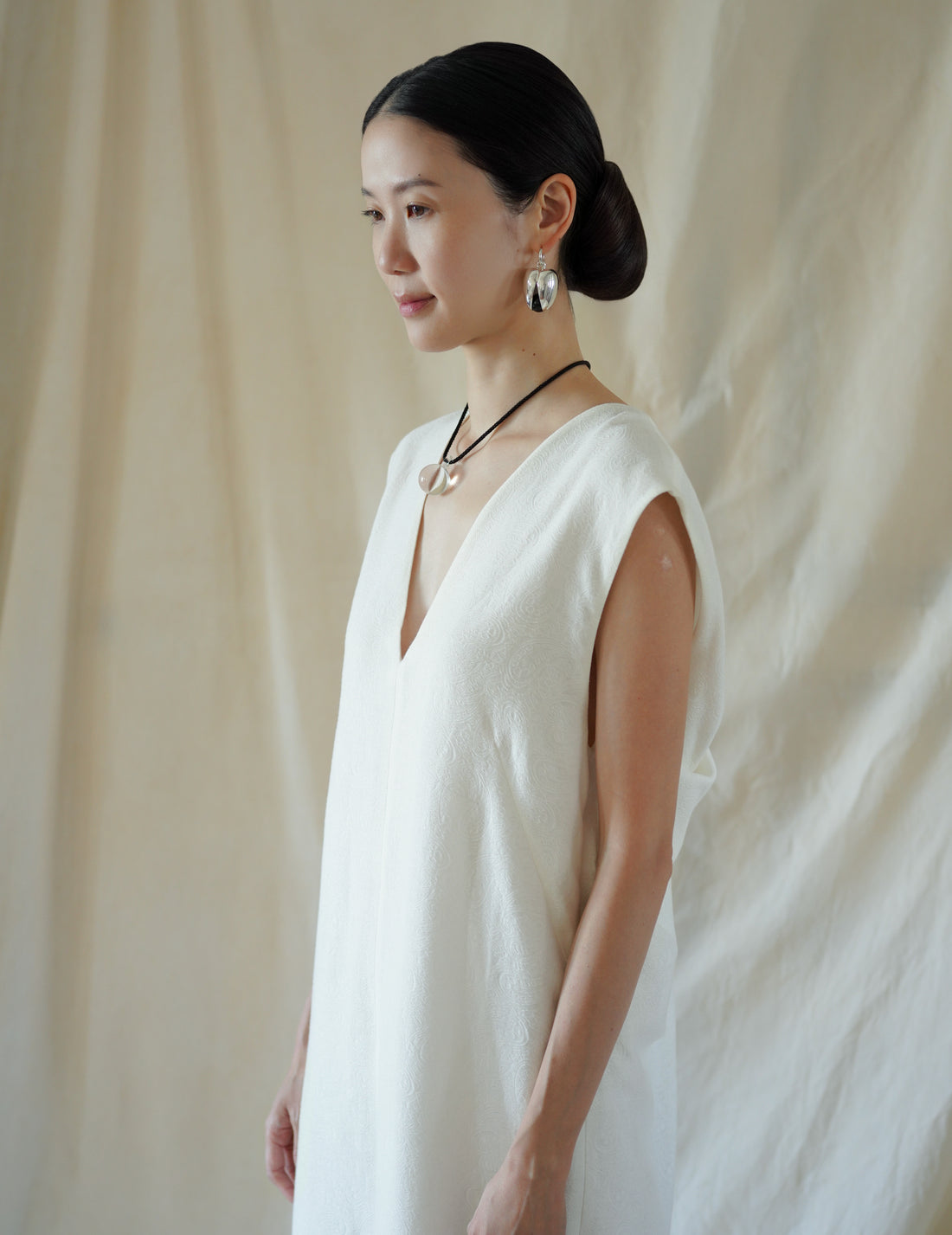 SCEARN | Cotton Nylon Jacquard Dress・Ecru