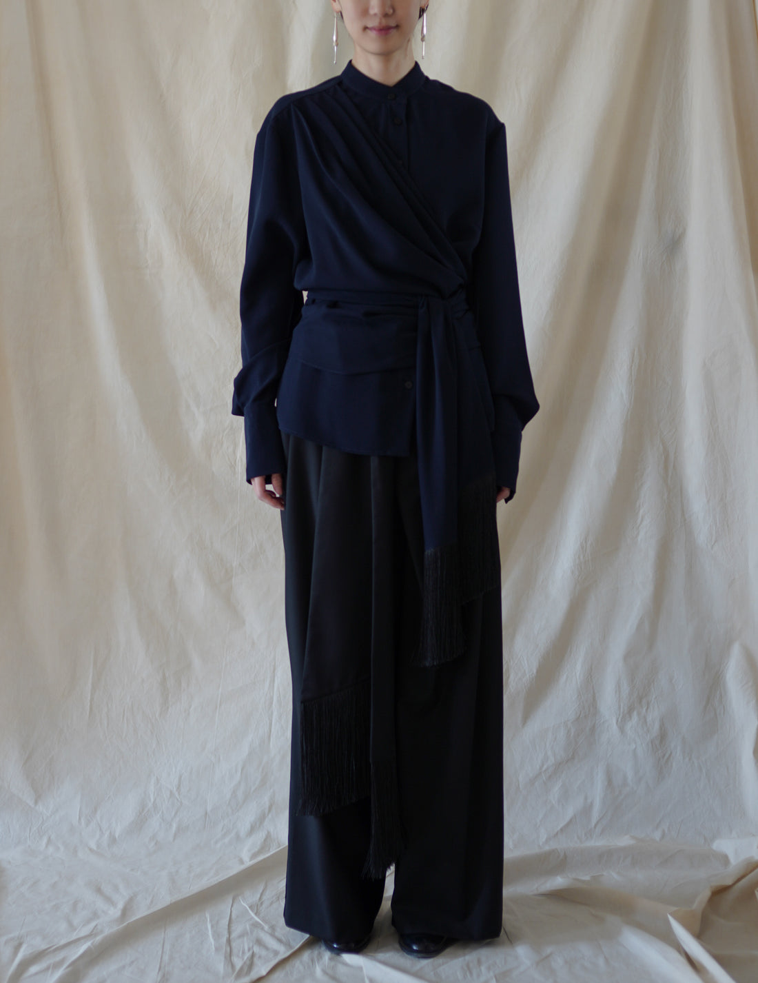 DELEGAN | Belt Fringe Shirt・Navy